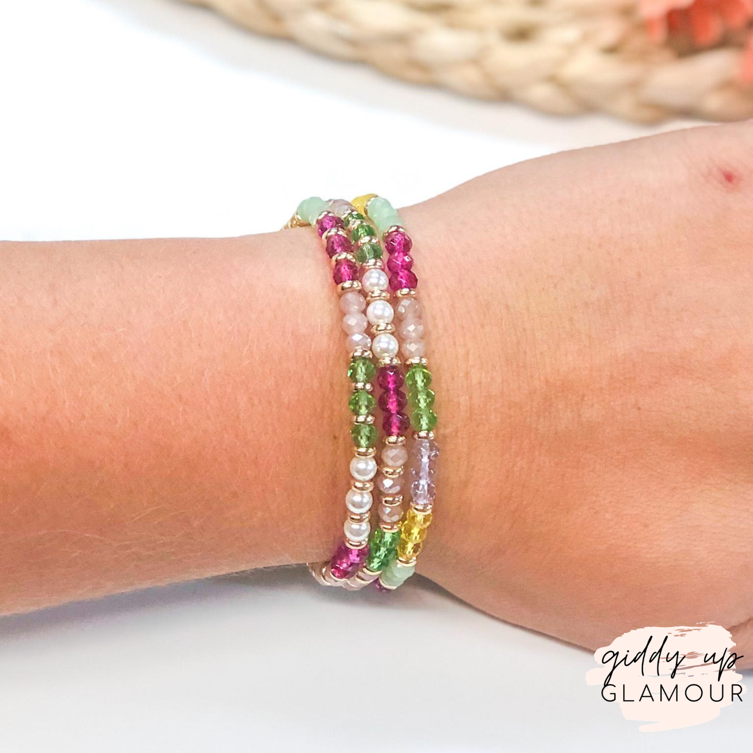 Set of Three Beaded Bracelet Set in Multi with Gold Spacers - Giddy Up Glamour Boutique