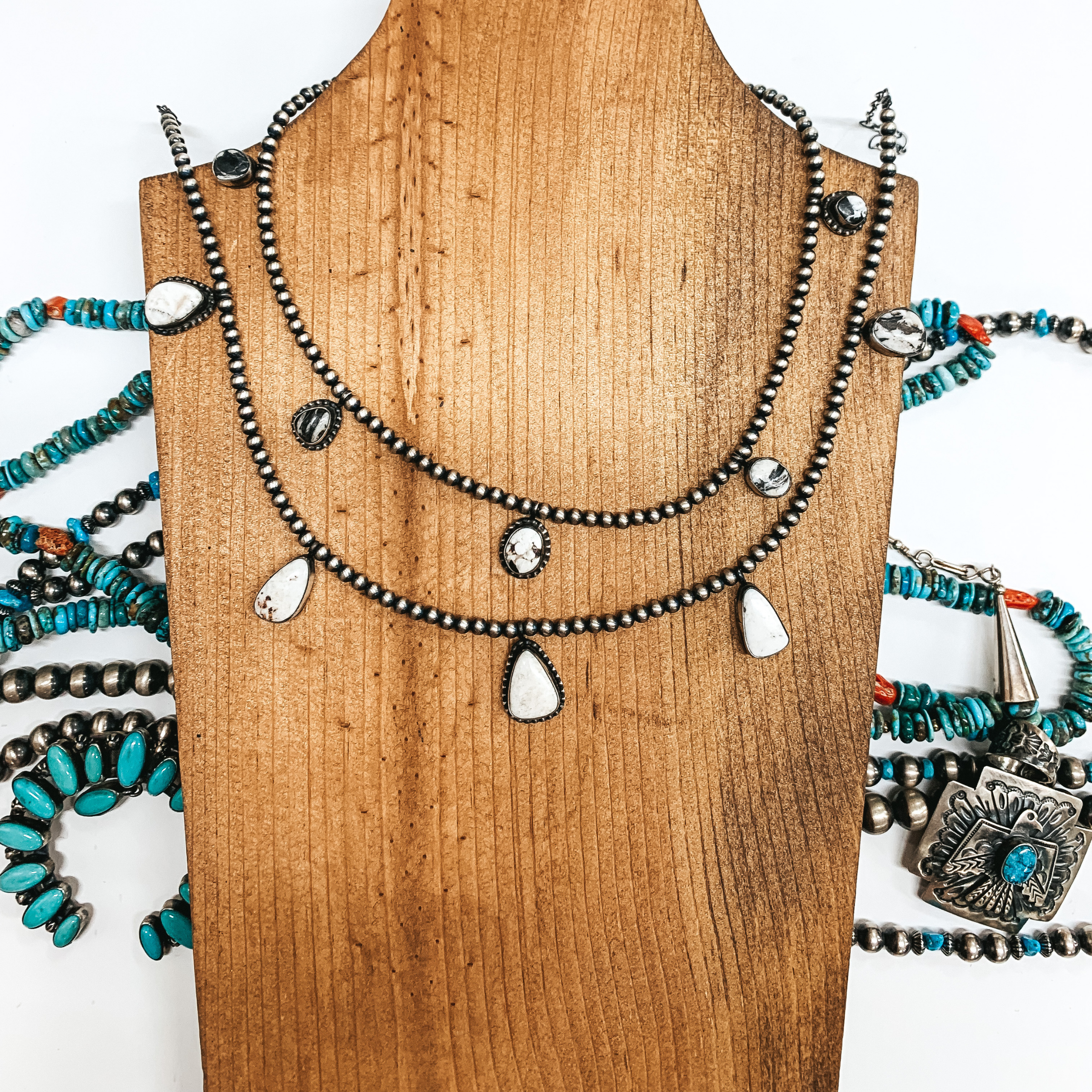 David Smith | Navajo Handmade 4mm Navajo Pearl Necklace with Five White Buffalo Stones - Giddy Up Glamour Boutique
