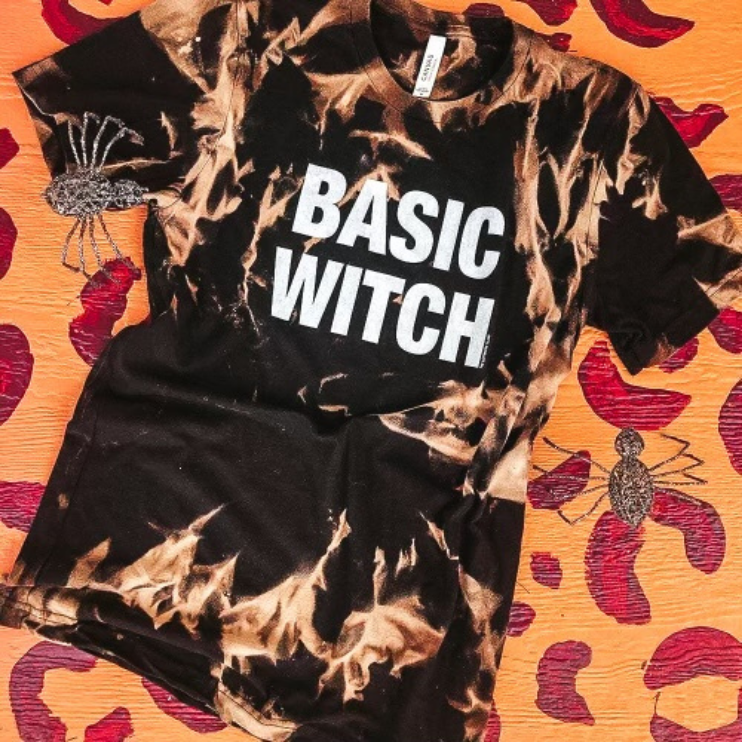 Online Exclusive | Basic Witch Short Sleeve Bleach Splatter Halloween Graphic Tee in Black - Giddy Up Glamour Boutique
