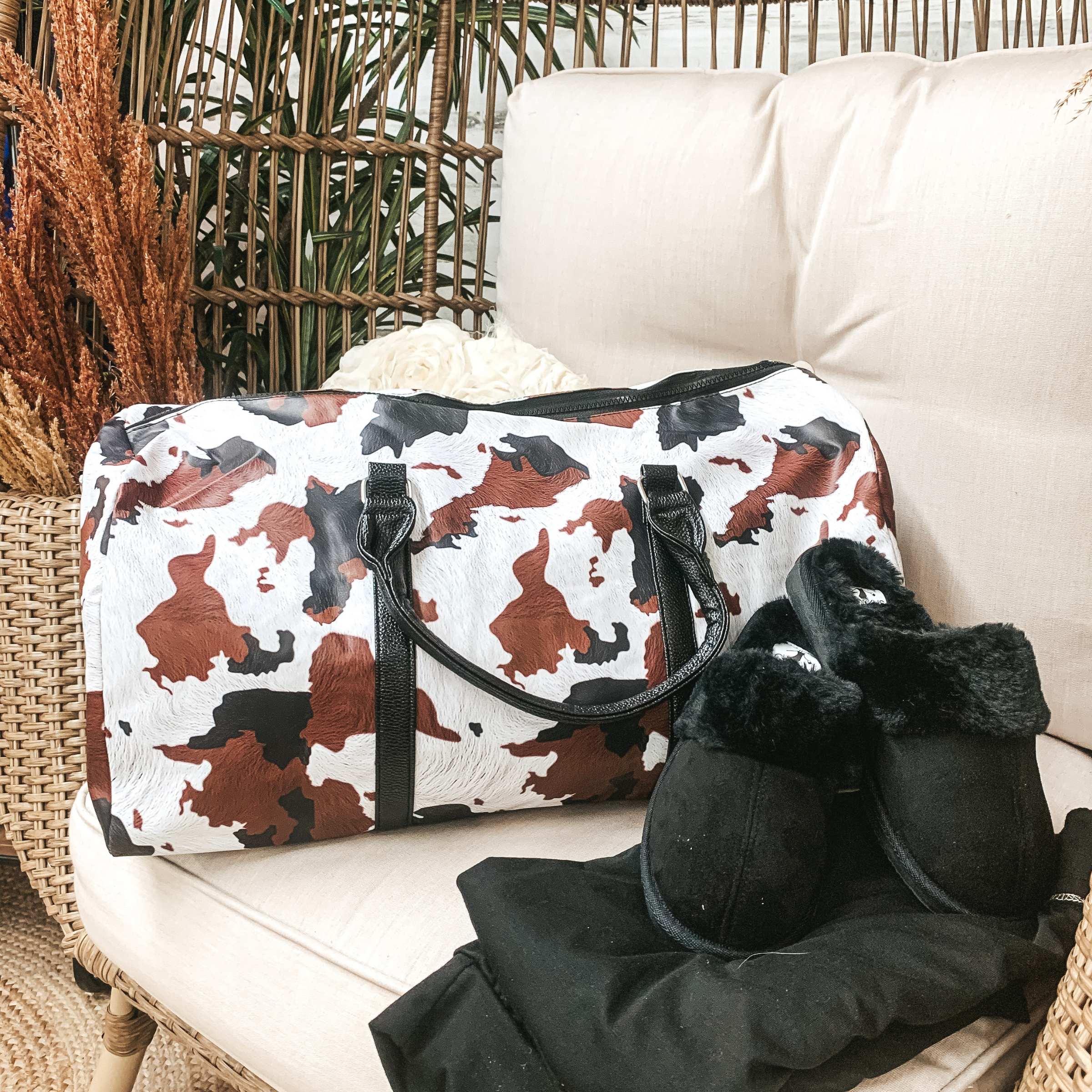 Star of the Sleepover Cow Print Duffel Bag in Brown and Black - Giddy Up Glamour Boutique