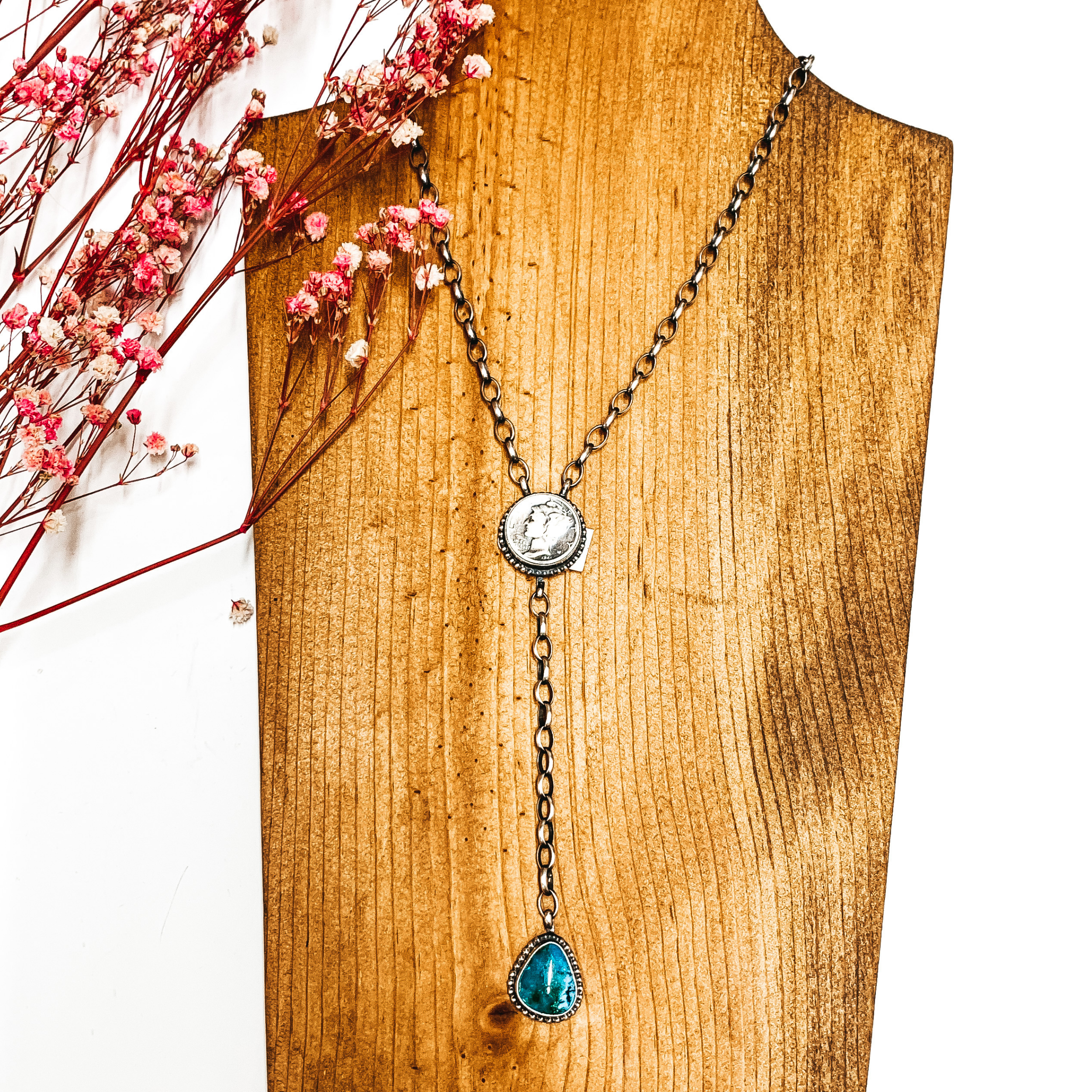 Online Exclusive | Various Artists | Navajo Handmade Sterling Silver Coin Lariat Necklace with Turquoise Stone Drop - Giddy Up Glamour Boutique