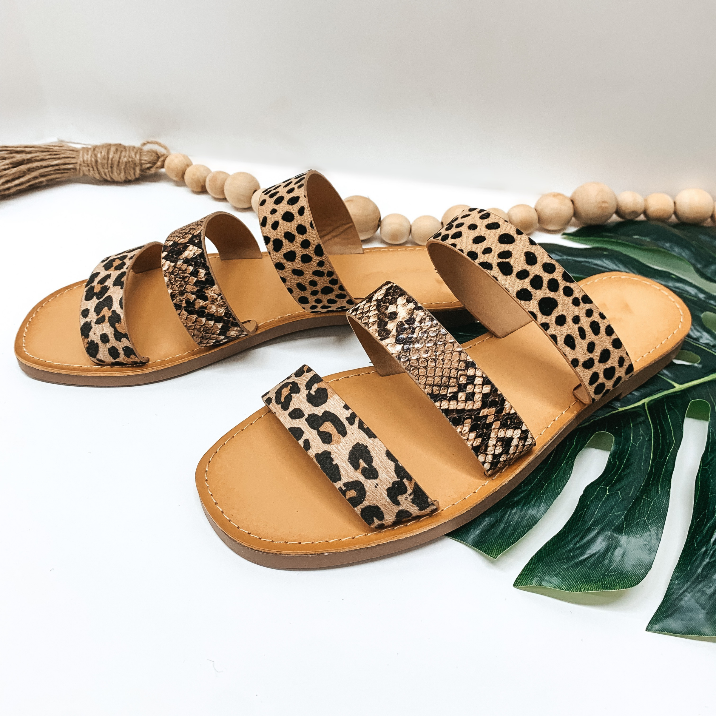 Stepping Up Three Strap Slide On Sandals in Mixed Animal Print - Giddy Up Glamour Boutique