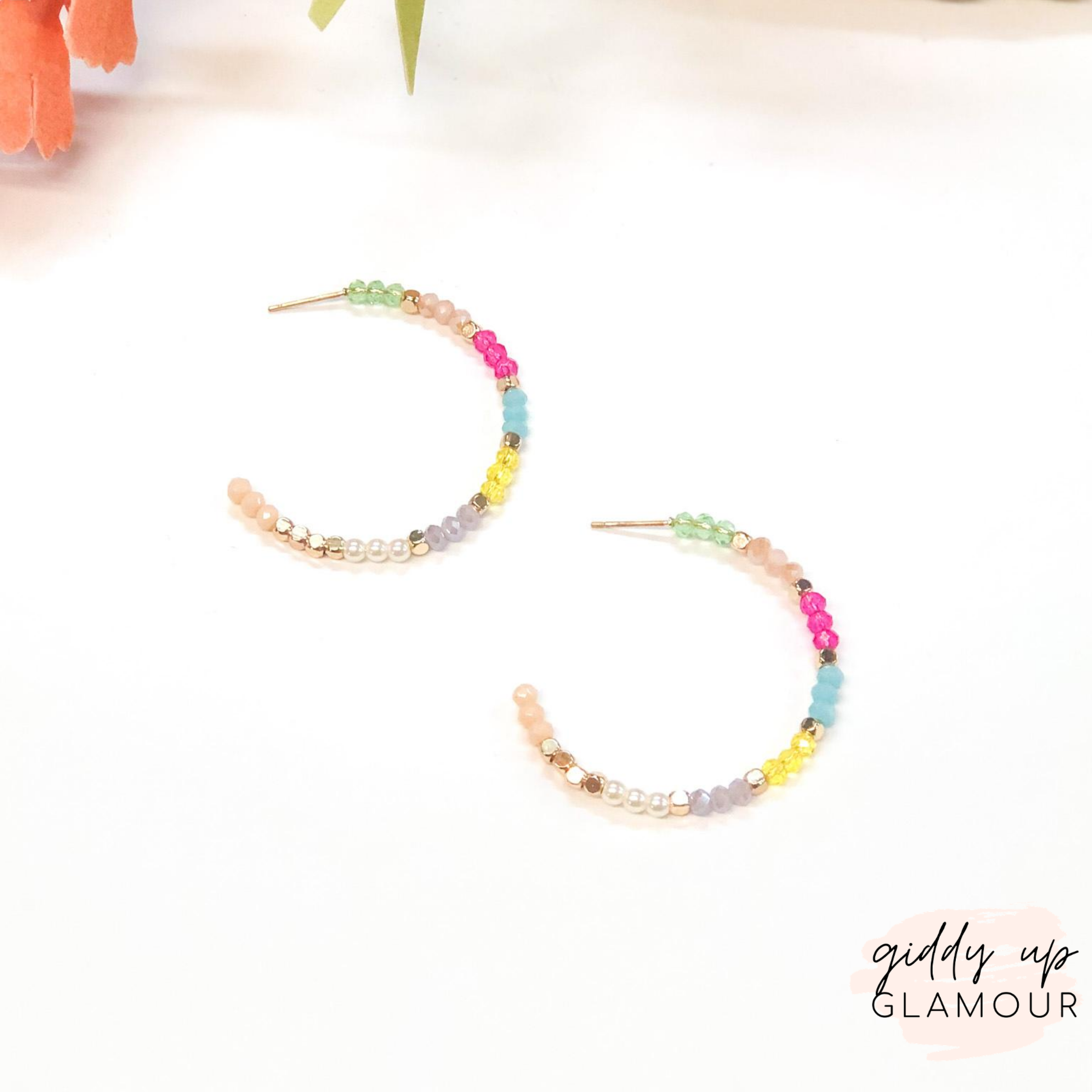 Small Crystal Beaded Hoop Earrings in Multi - Giddy Up Glamour Boutique