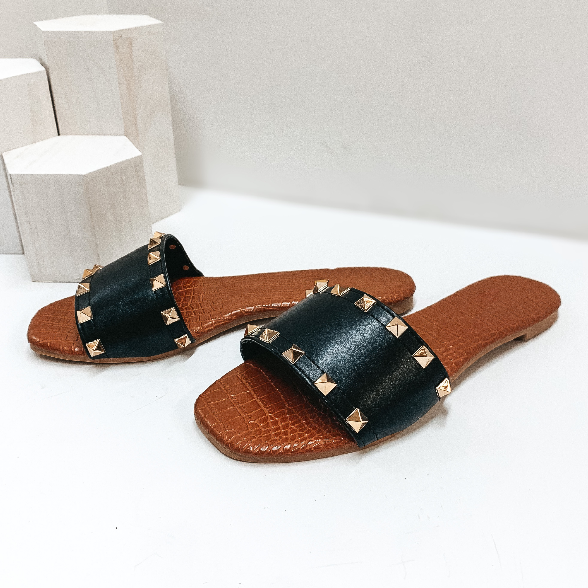 Chic Steps Gold Studded Slide On Sandals with Croc Print Sole in Black - Giddy Up Glamour Boutique