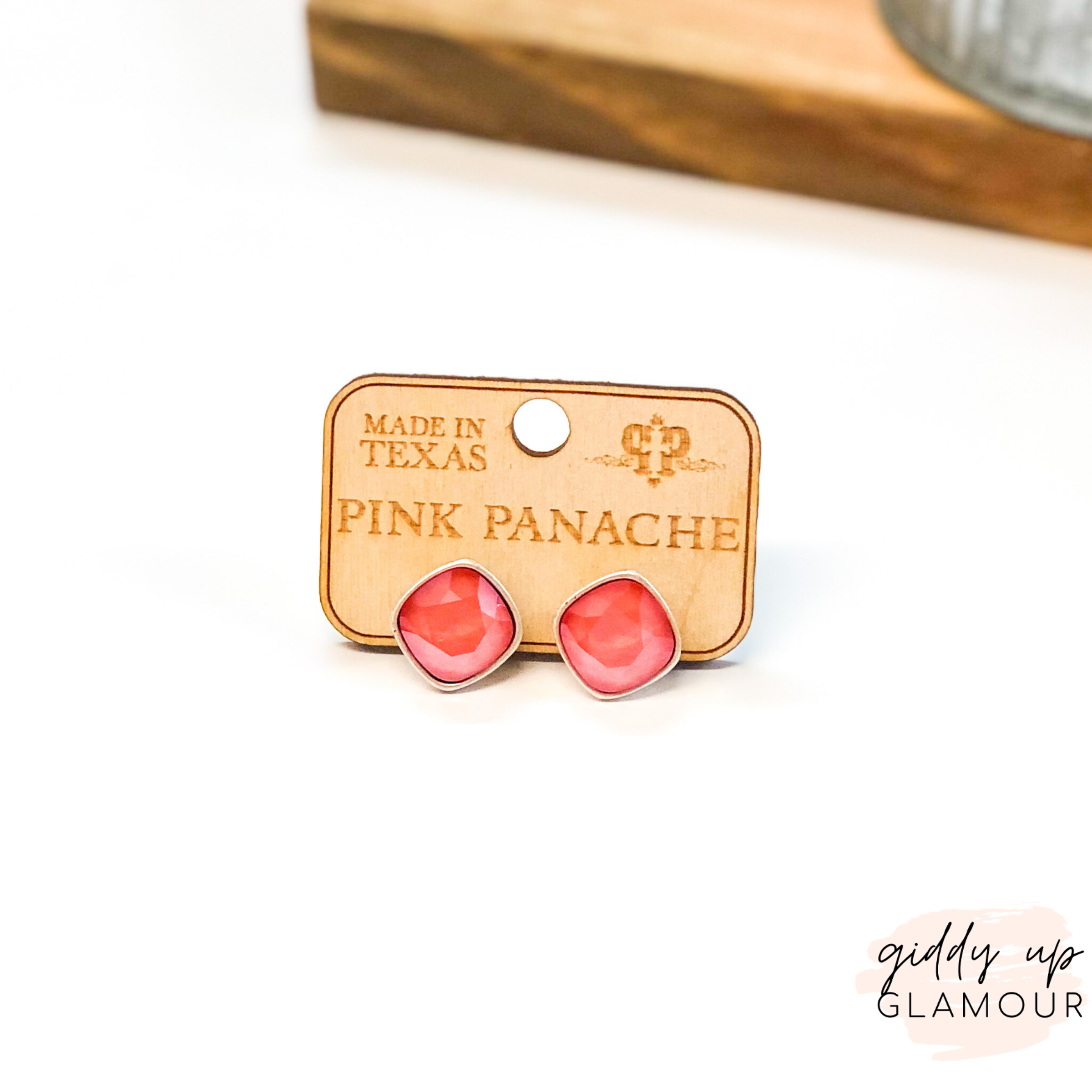 Pink Panache | Silver Stud Earrings with Cushion Cut Crystals in Candy Coral - Giddy Up Glamour Boutique