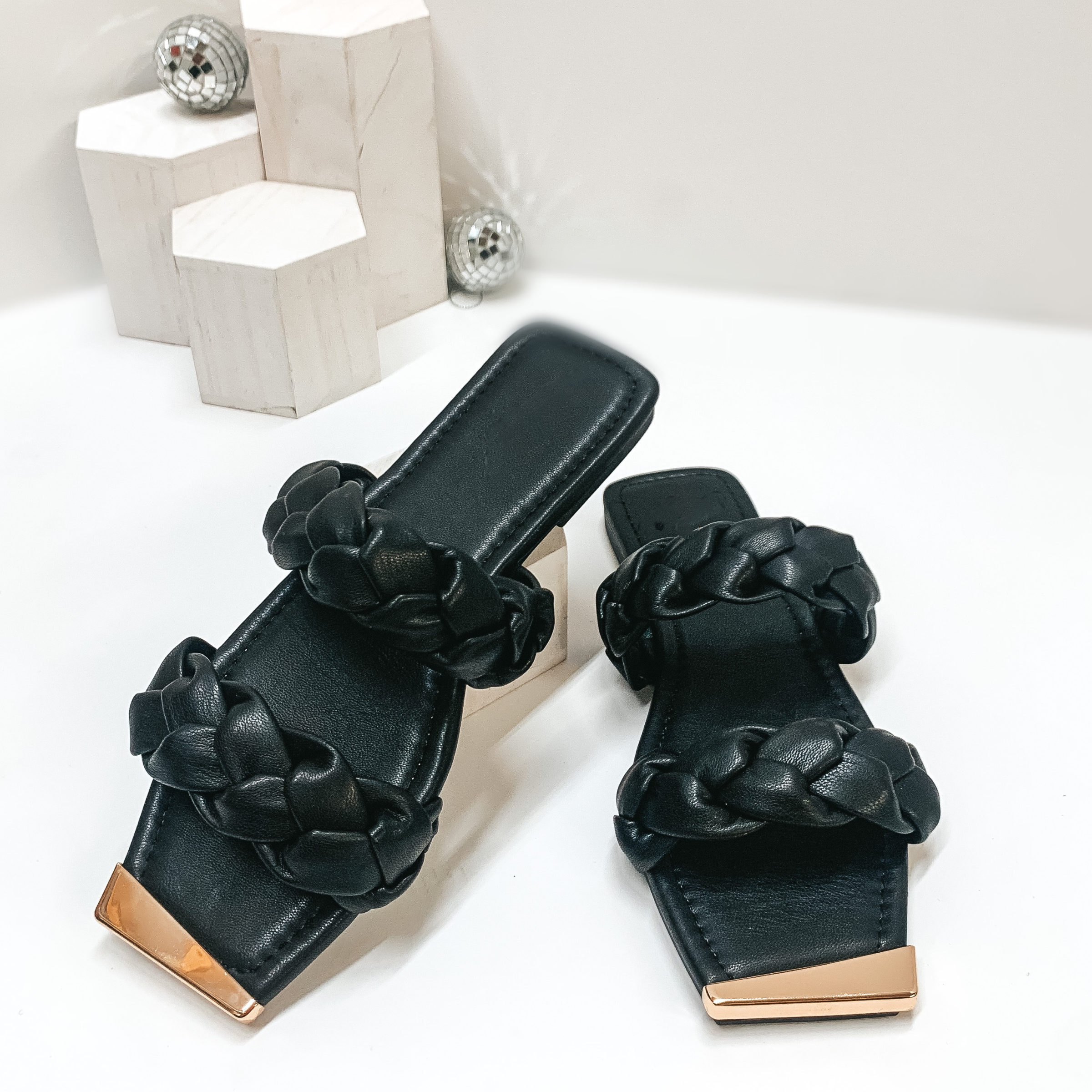 Soft Smiles Two Band Braided Slide On Sandals in Black - Giddy Up Glamour Boutique