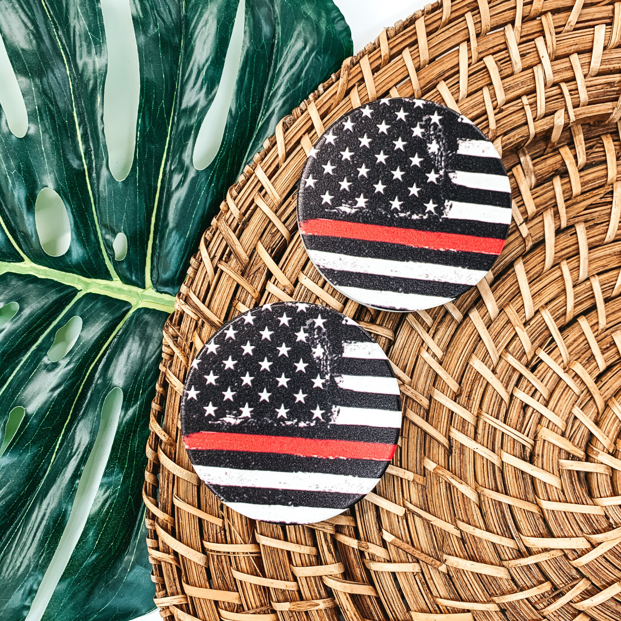 Set of Two | Red Line American Flag Car Coasters - Giddy Up Glamour Boutique