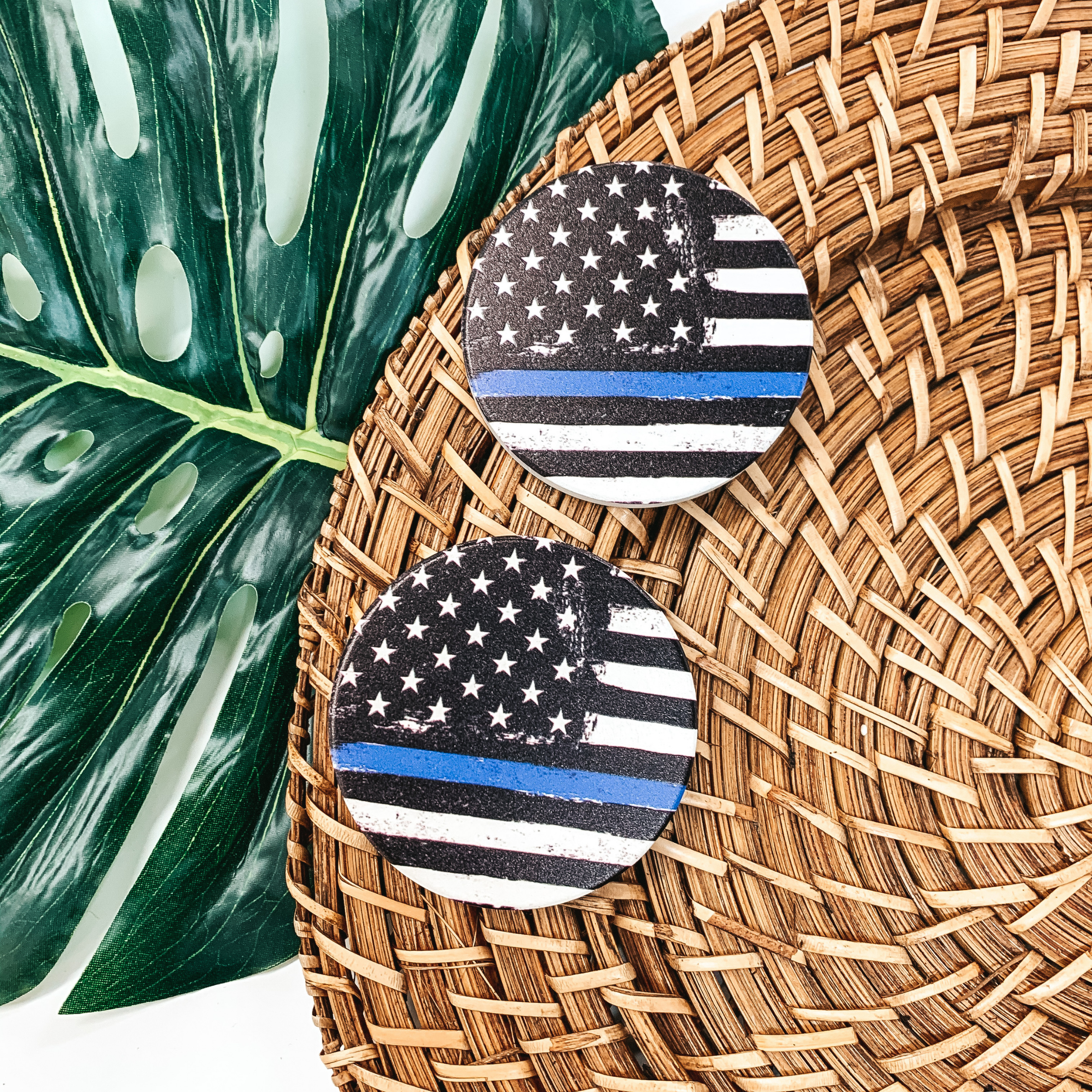 Set of Two | Blue Line American Flag Car Coasters - Giddy Up Glamour Boutique