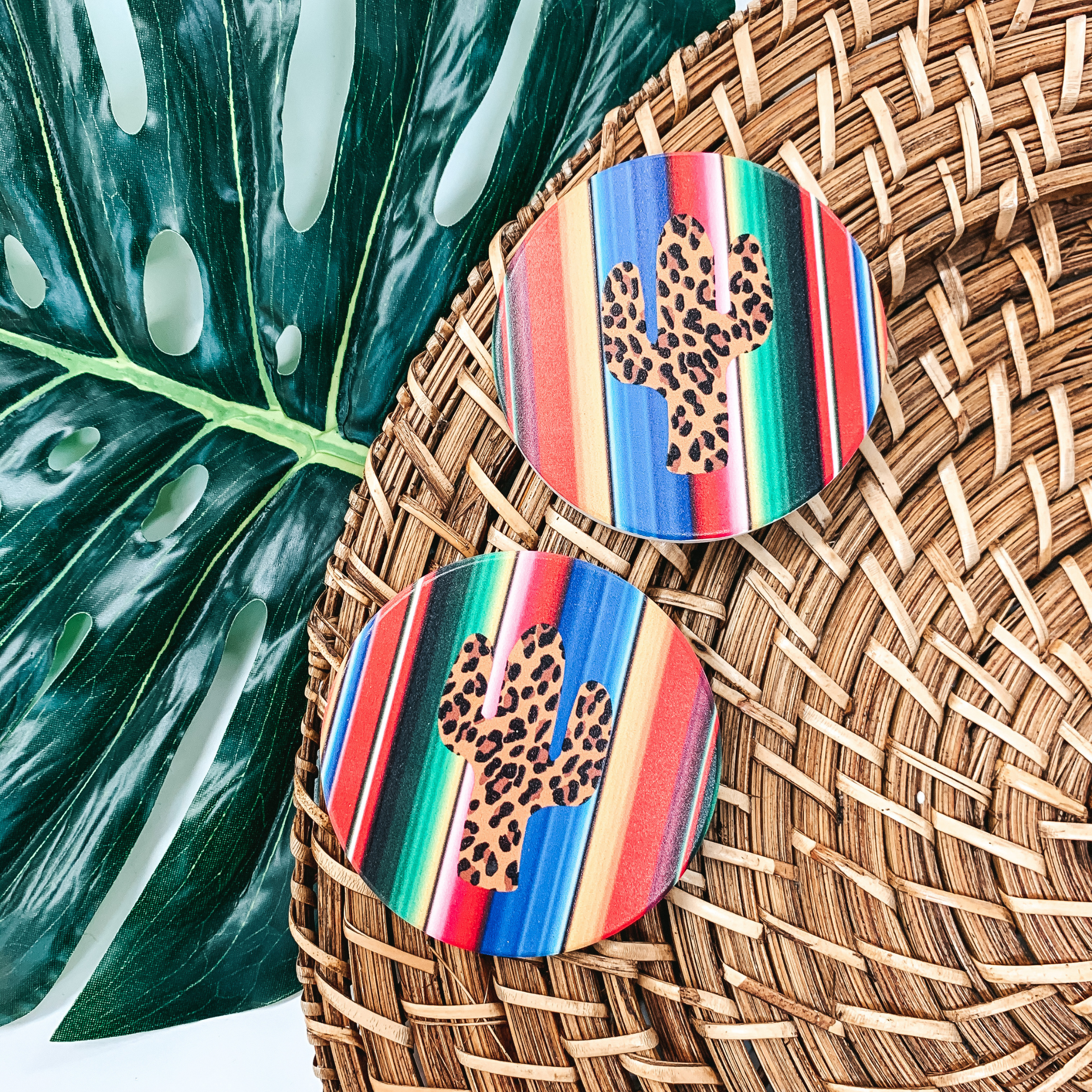 Set of Two | Leopard Print Cactus and Serape Car Coasters - Giddy Up Glamour Boutique