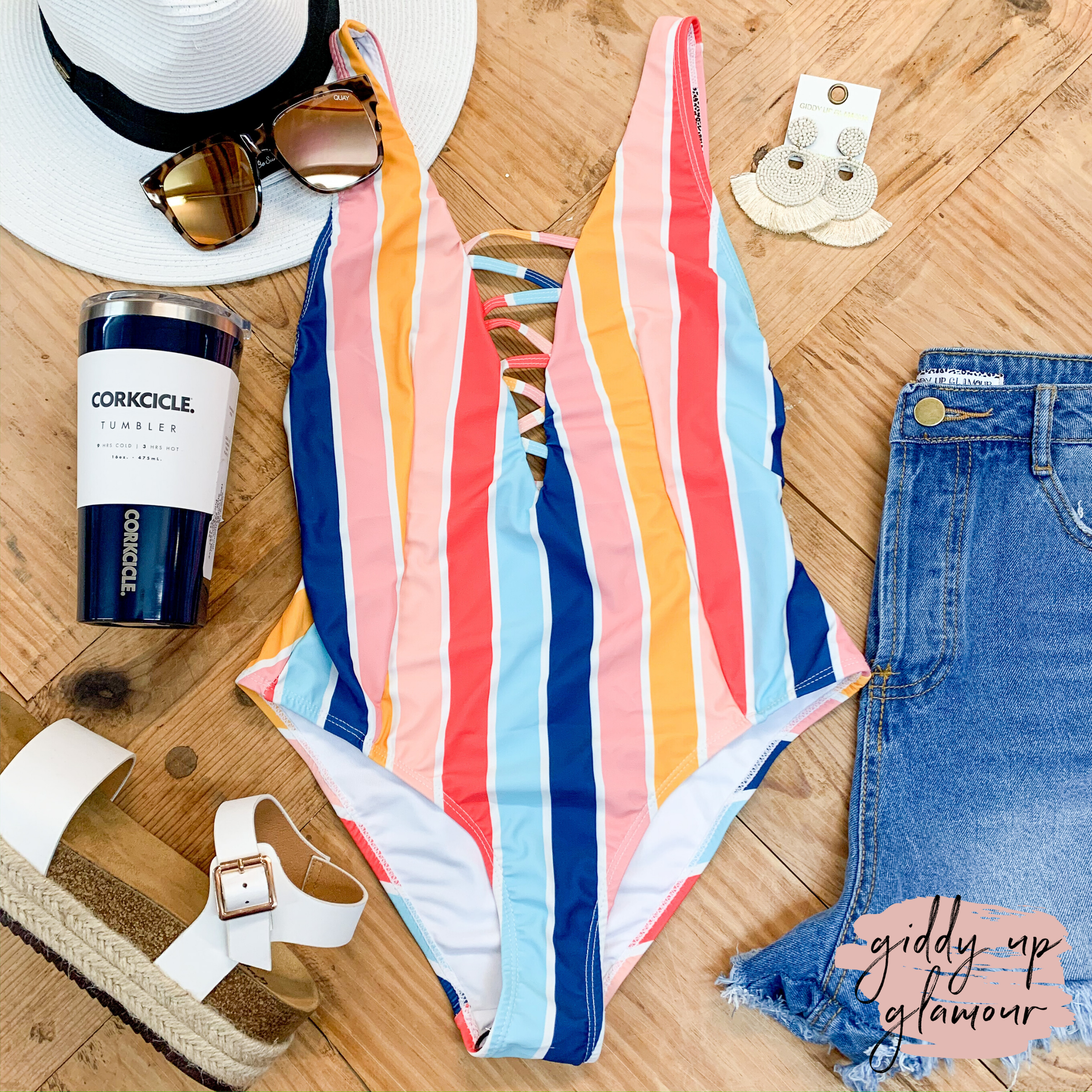 Sweet and Sunny Strappy Striped One Piece Swimsuit in Orange and Blue - Giddy Up Glamour Boutique