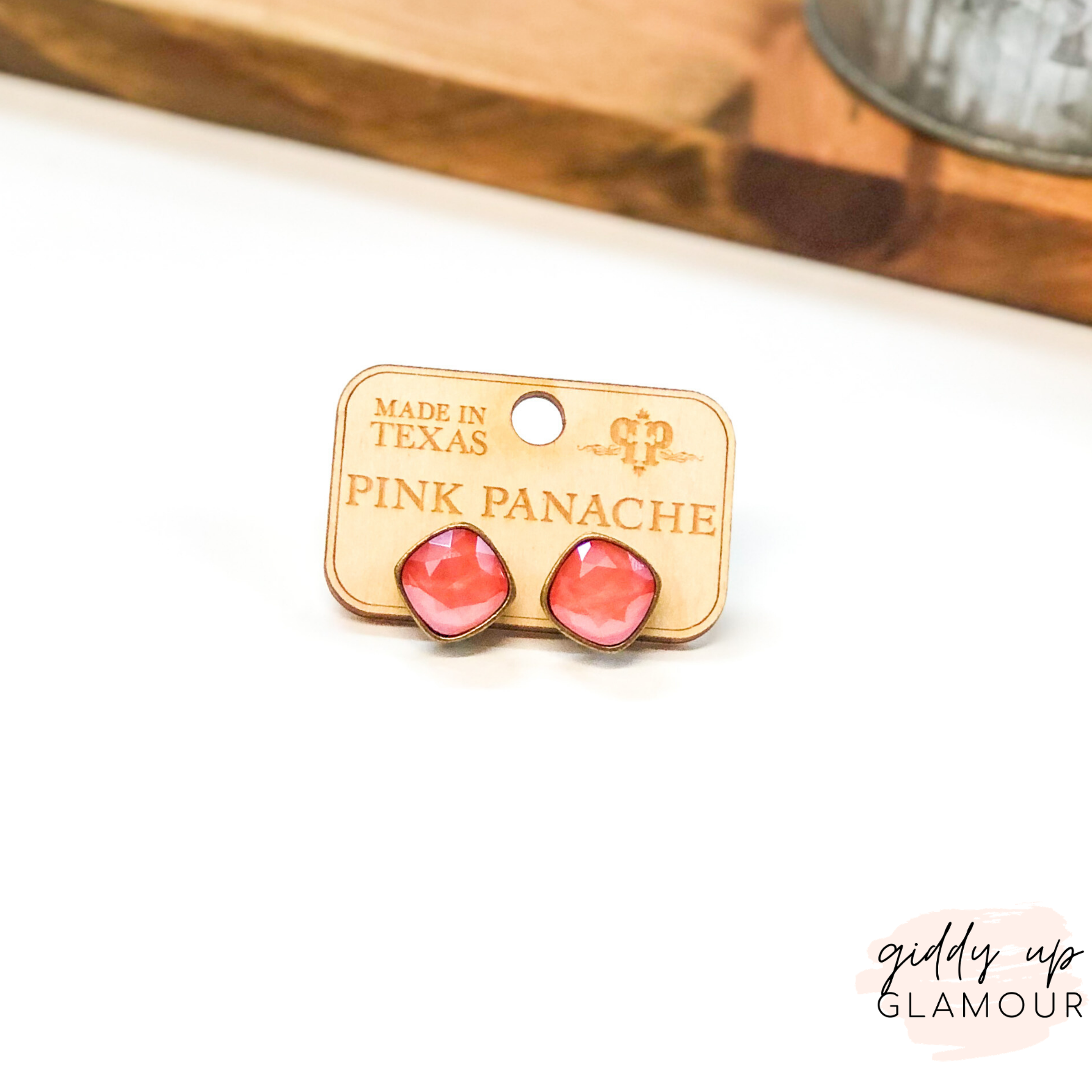 Pink Panache | Bronze Stud Earrings with Cushion Cut Crystals in Candy Coral - Giddy Up Glamour Boutique