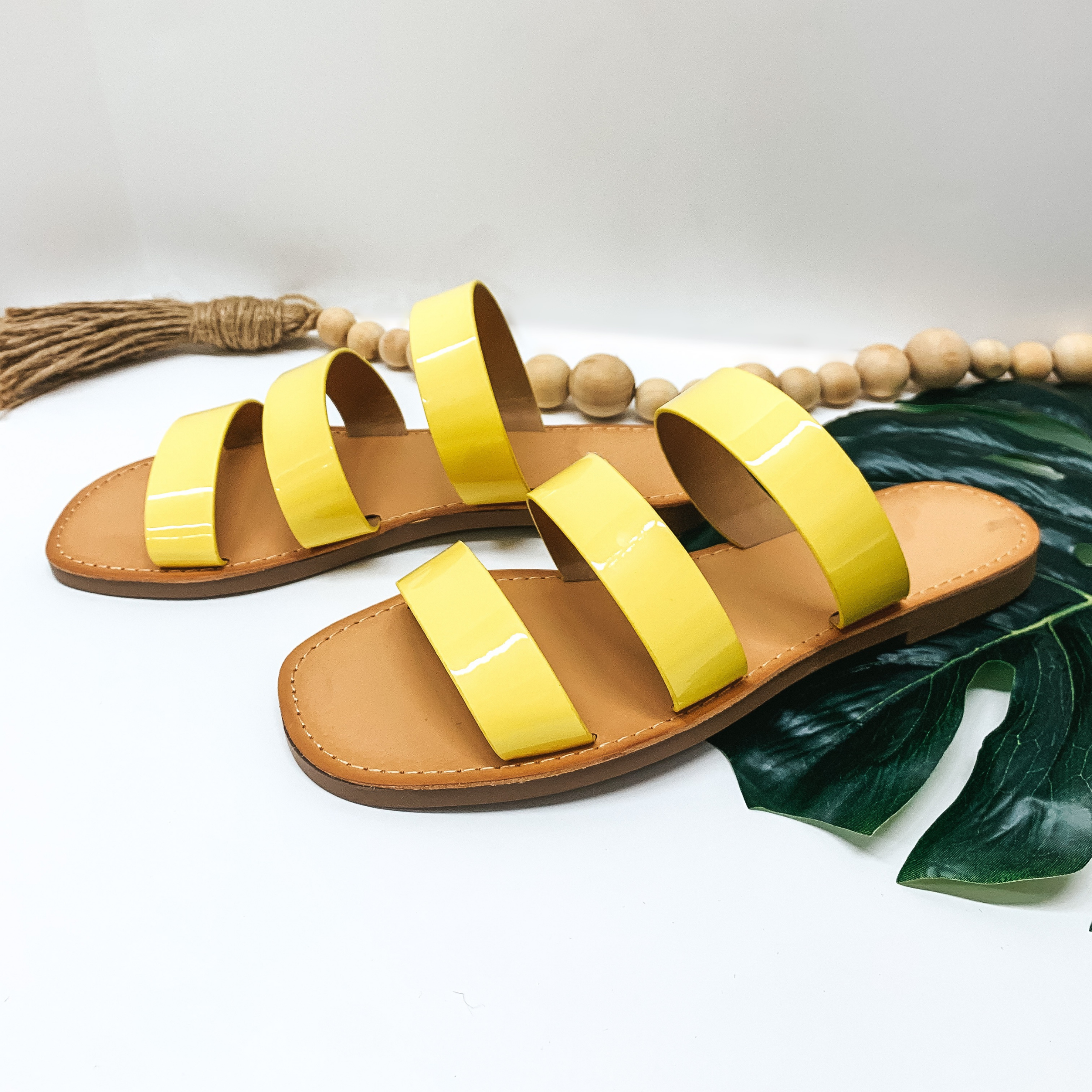 Stepping Up Three Strap Slide On Sandals in Yellow - Giddy Up Glamour Boutique