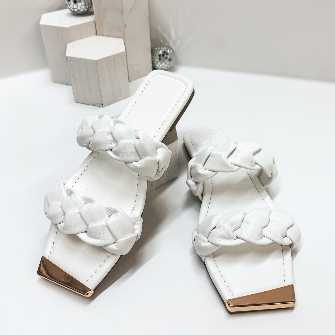 Soft Smiles Two Band Braided Slide On Sandals in White - Giddy Up Glamour Boutique