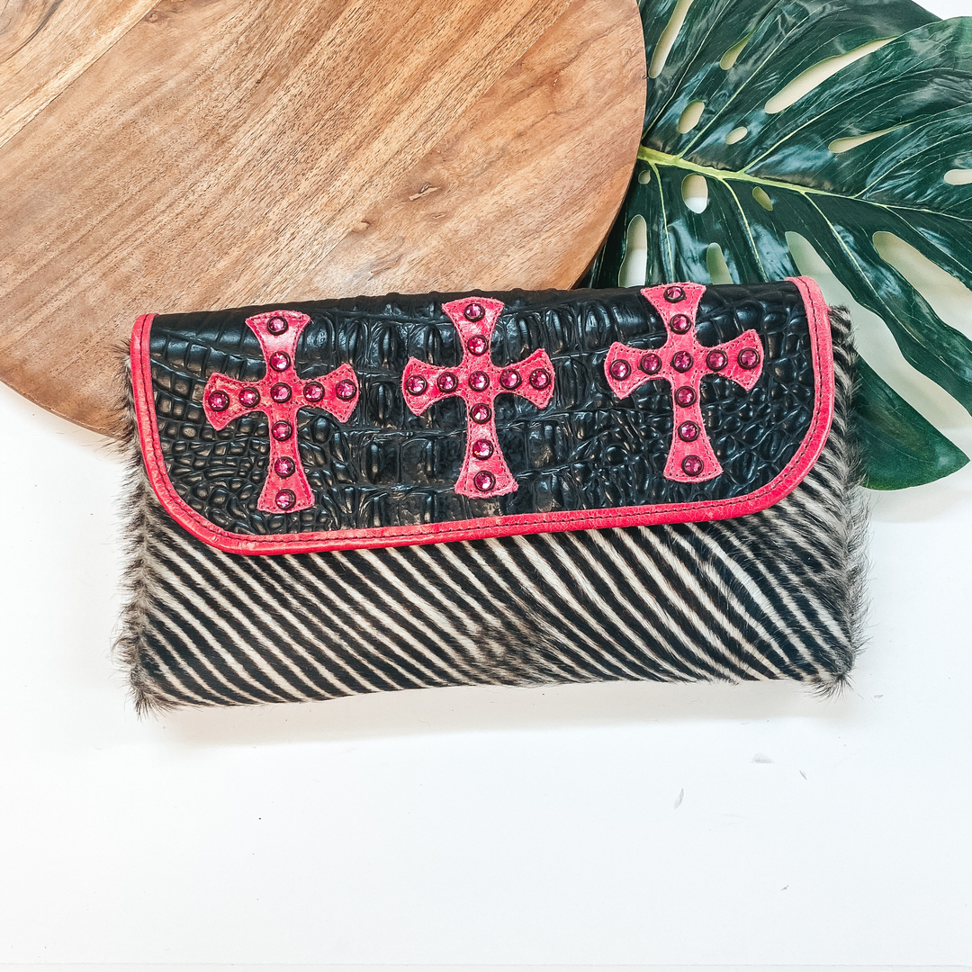 KurtMen Designs | Pink Crystal Cross Crocodile and Zebra Crossbody Clutch - Giddy Up Glamour Boutique