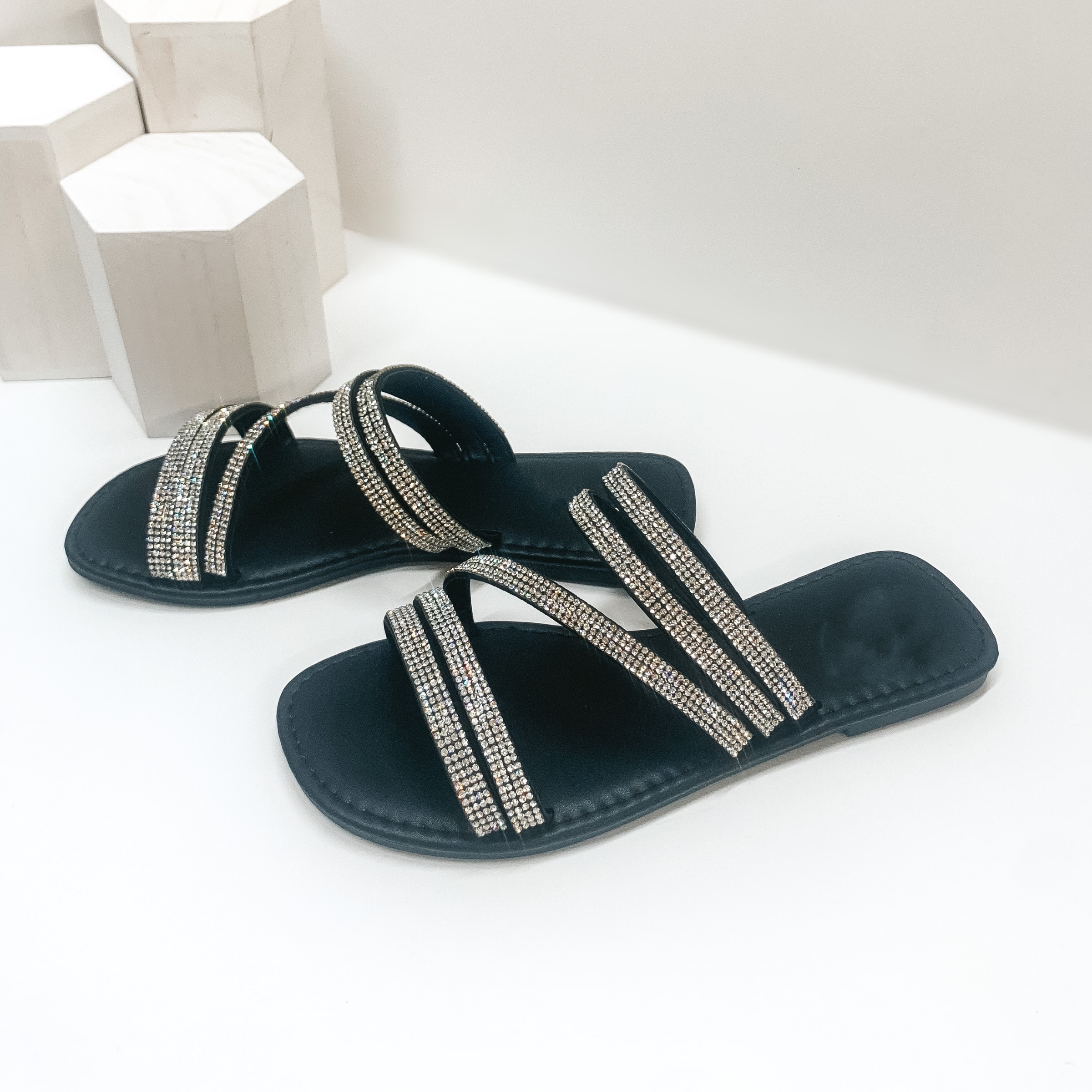 Sleek Strides Crystal Strappy Slide On Sandals in Black - Giddy Up Glamour Boutique
