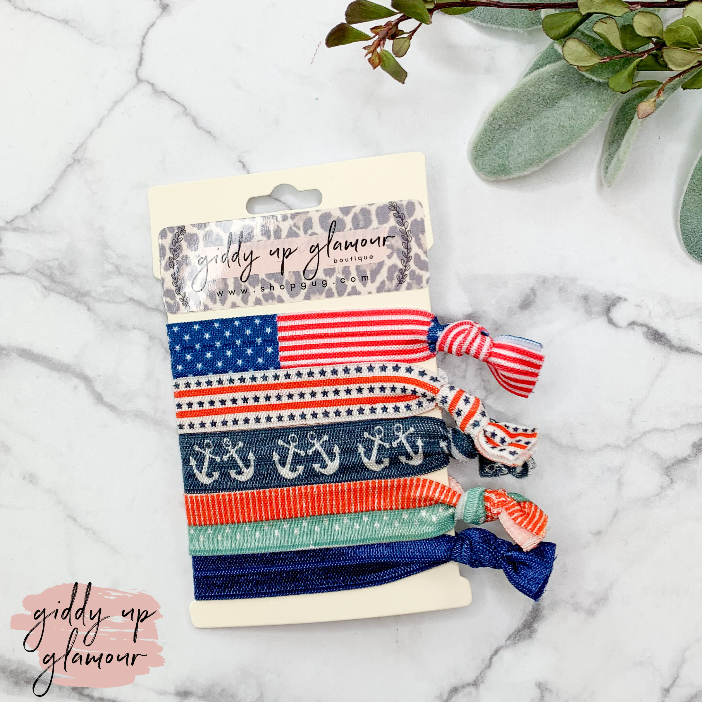Buy 3 for $10 | Set of 5 | Soft Hair Ties in Red, White, and Blue Patriotic Prints - Giddy Up Glamour Boutique
