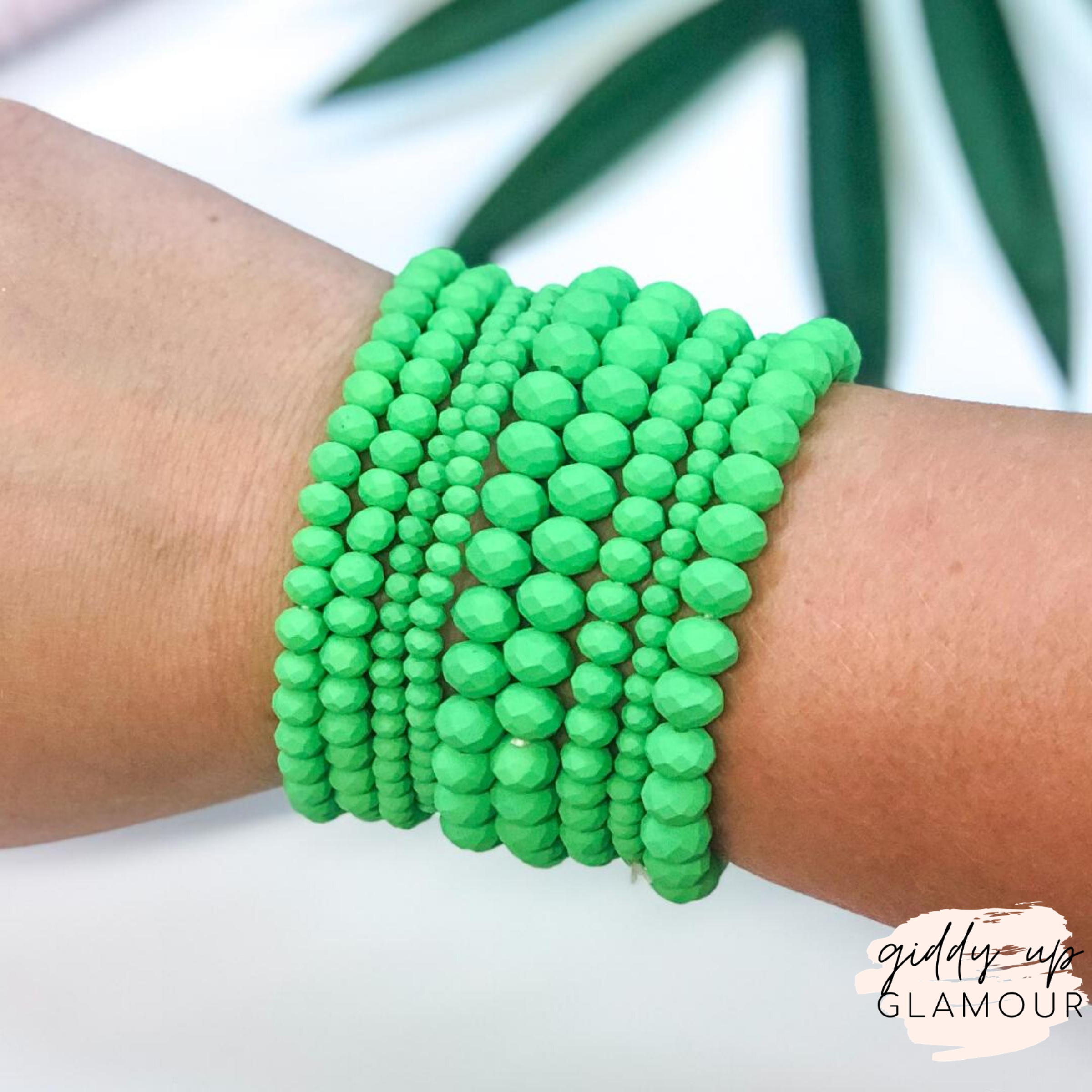 Nine Piece Matte Crystal Bracelet Set in Neon Green - Giddy Up Glamour Boutique