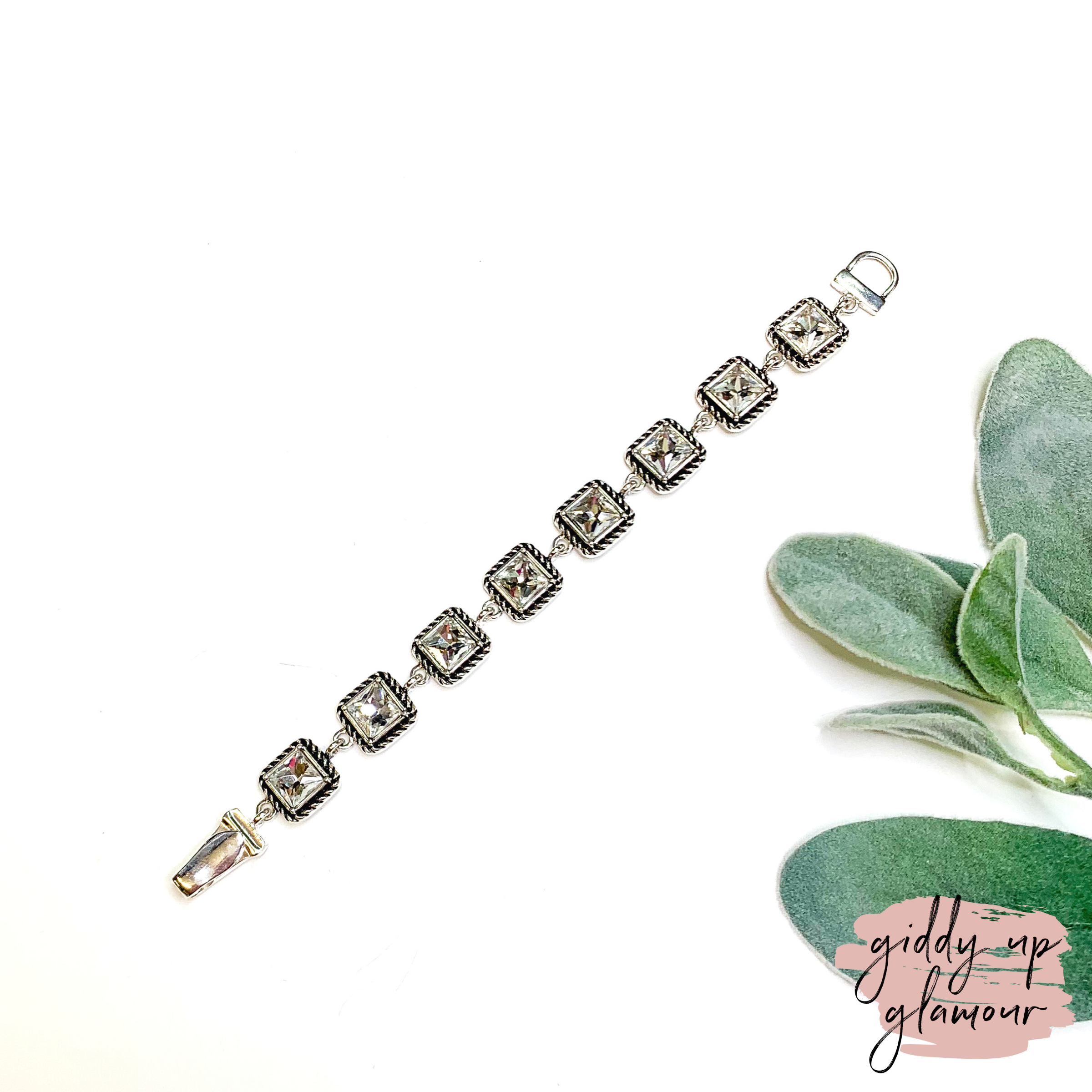 Link Bracelet with Square Crystals in Silver - Giddy Up Glamour Boutique
