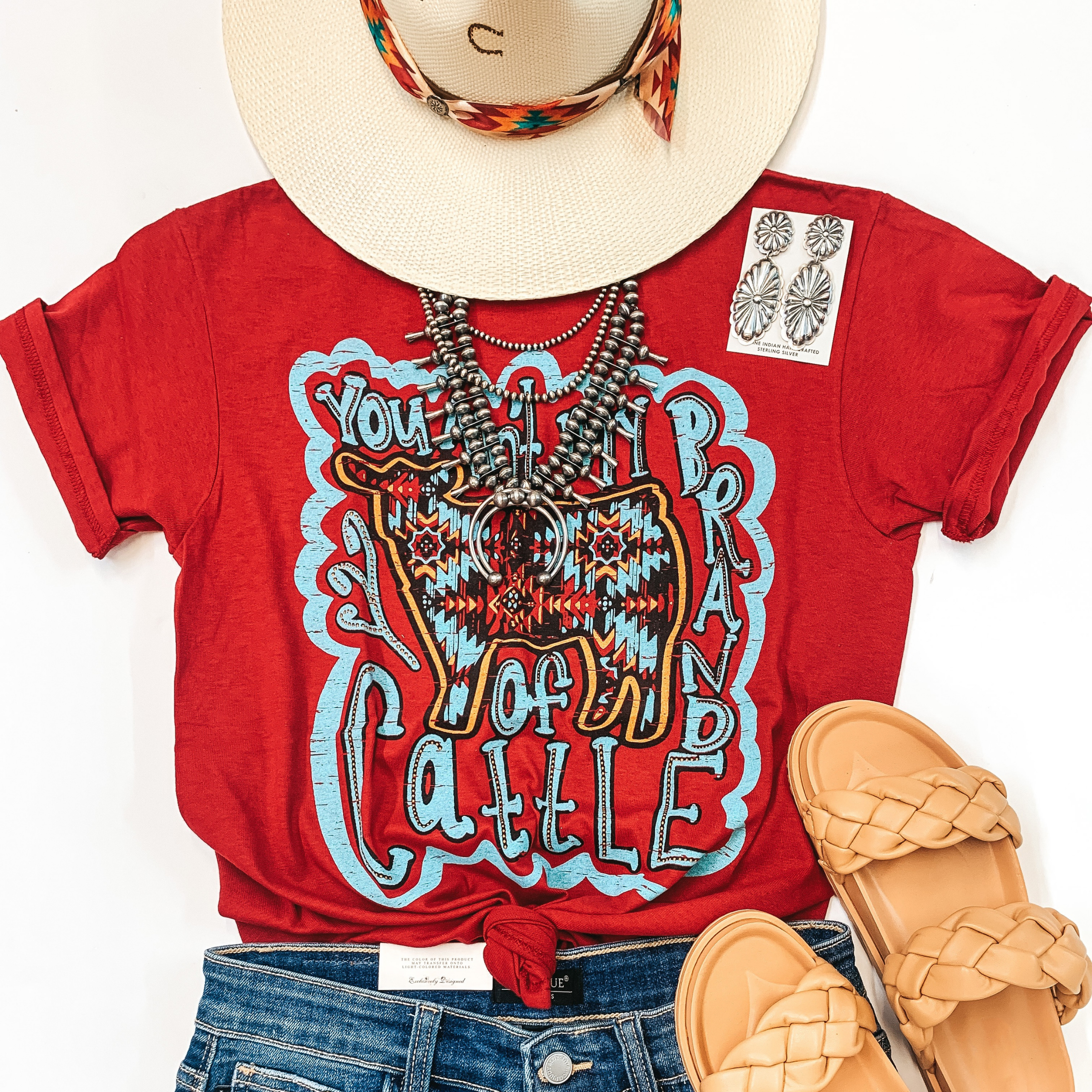 You Ain't My Brand of Cattle Short Sleeve Graphic Tee in Red - Giddy Up Glamour Boutique