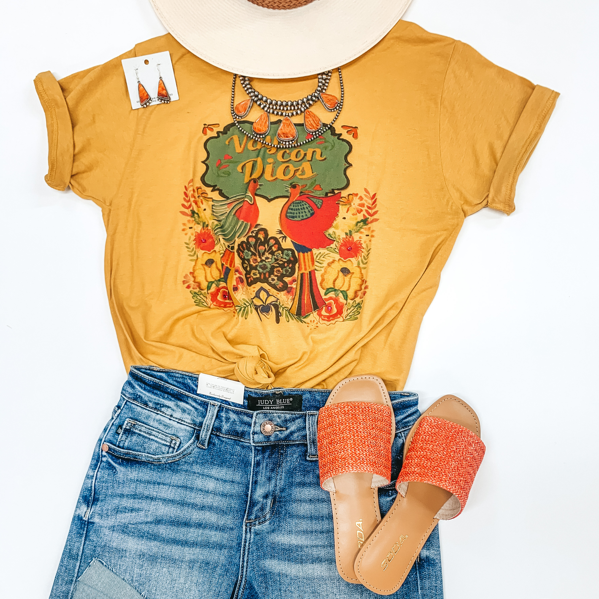 Vaya Con Dios Short Sleeve Floral Graphic Tee in Mustard Yellow - Giddy Up Glamour Boutique