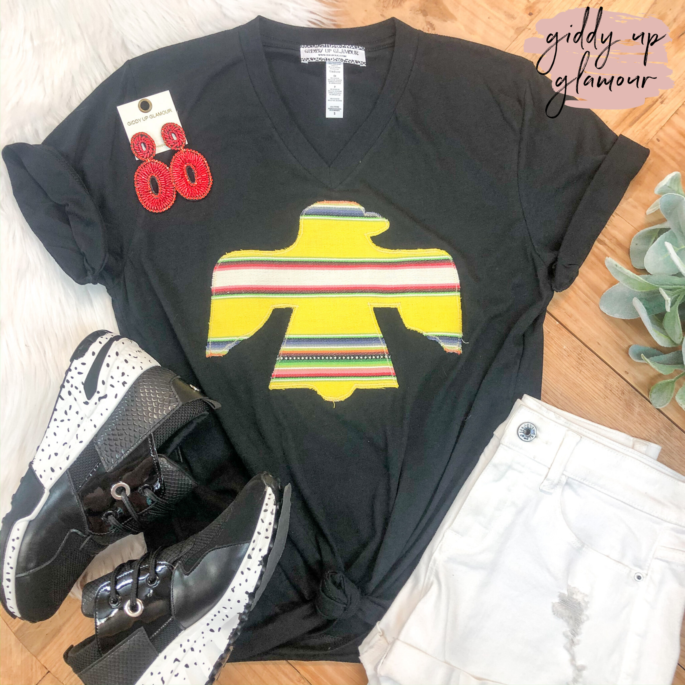 Last Chance Size Small | Apache Junction Yellow Serape Thunderbird Tee in Black - Giddy Up Glamour Boutique
