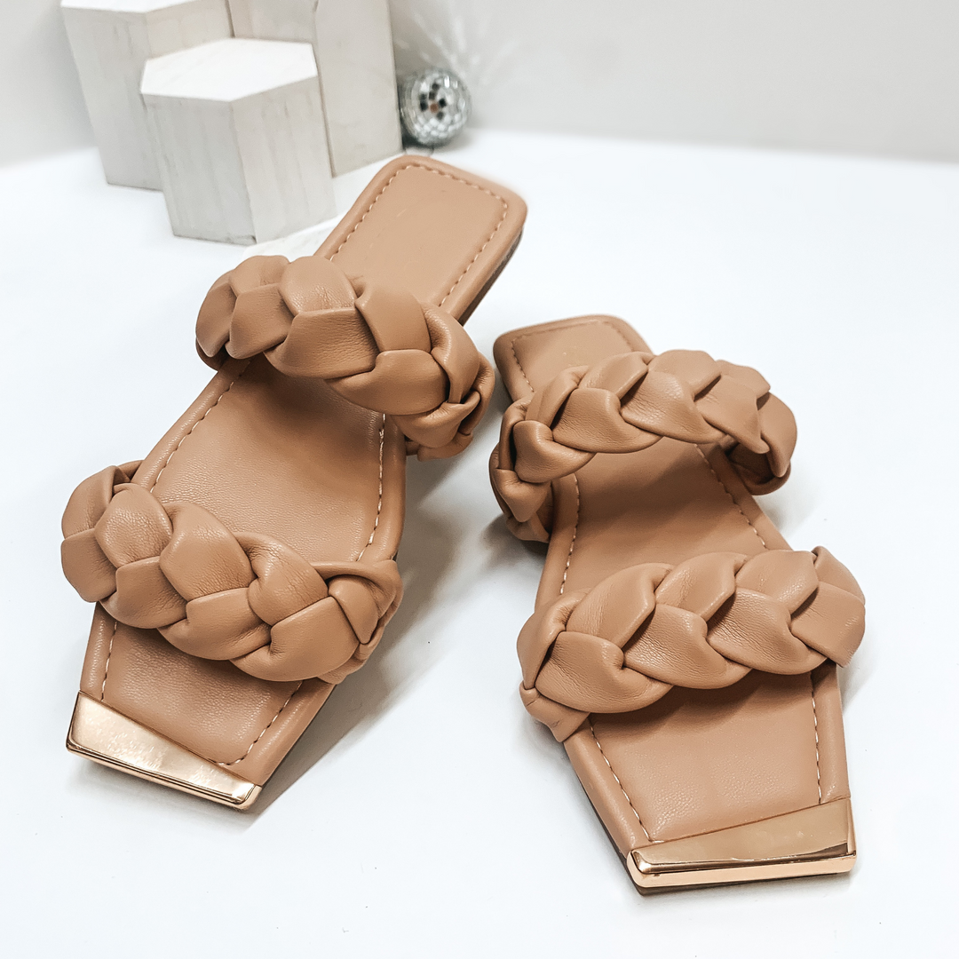 Soft Smiles Two Band Braided Slide On Sandals in Nude - Giddy Up Glamour Boutique