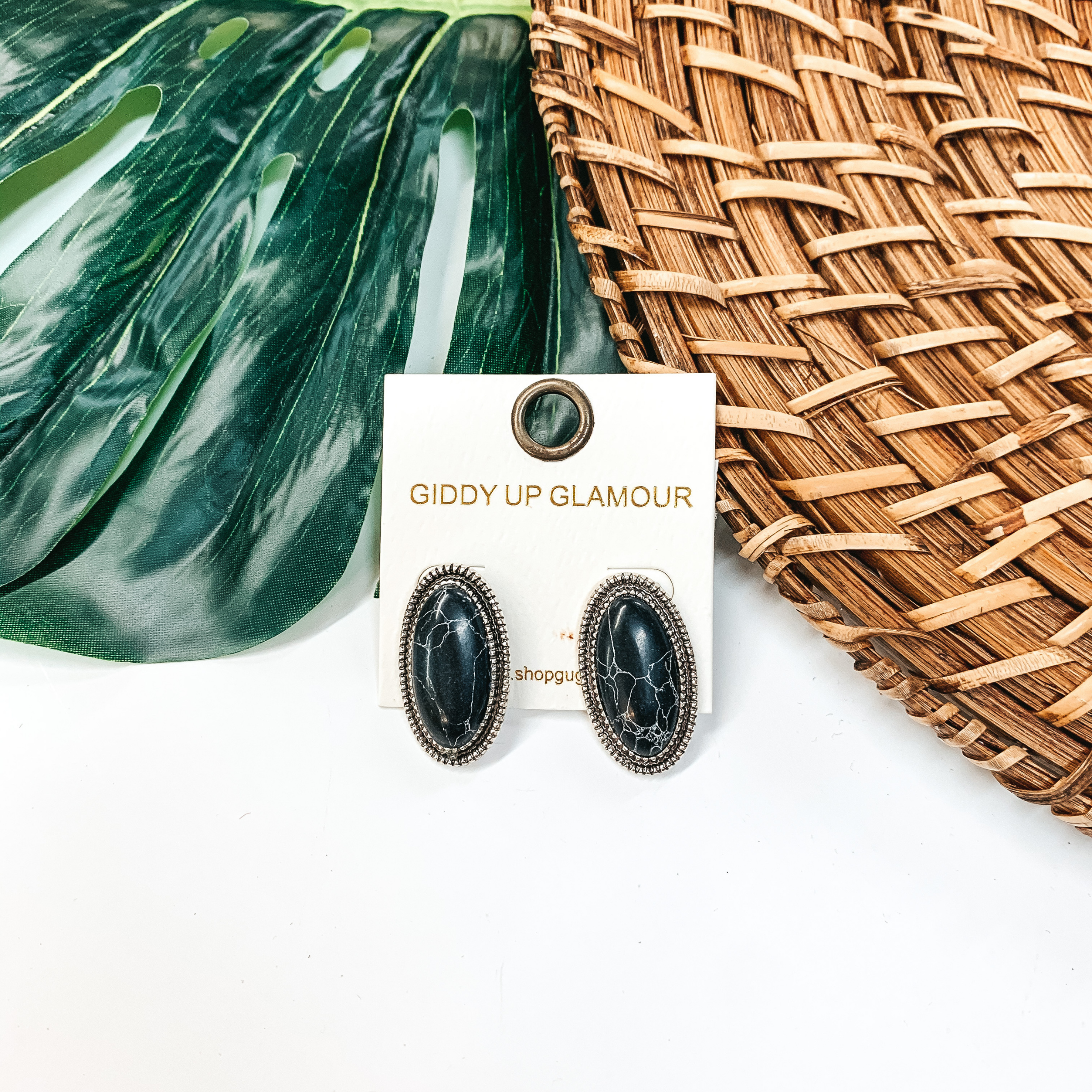 Oval Stone Stud Earrings in Black - Giddy Up Glamour Boutique