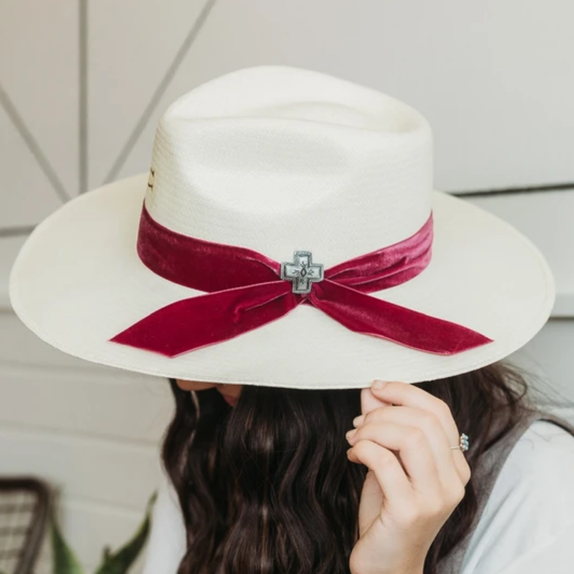 Charlie 1 Horse | Truth Straw Hat with Burgundy Velvet Ribbon Band and Barbosa Cross Concho Pin - Giddy Up Glamour Boutique