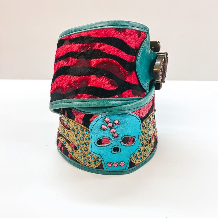 KurtMen Designs | Size Large | Pink Zebra Print Hair on Hide Belt with Leather Sugar Skull and Flames - Giddy Up Glamour Boutique