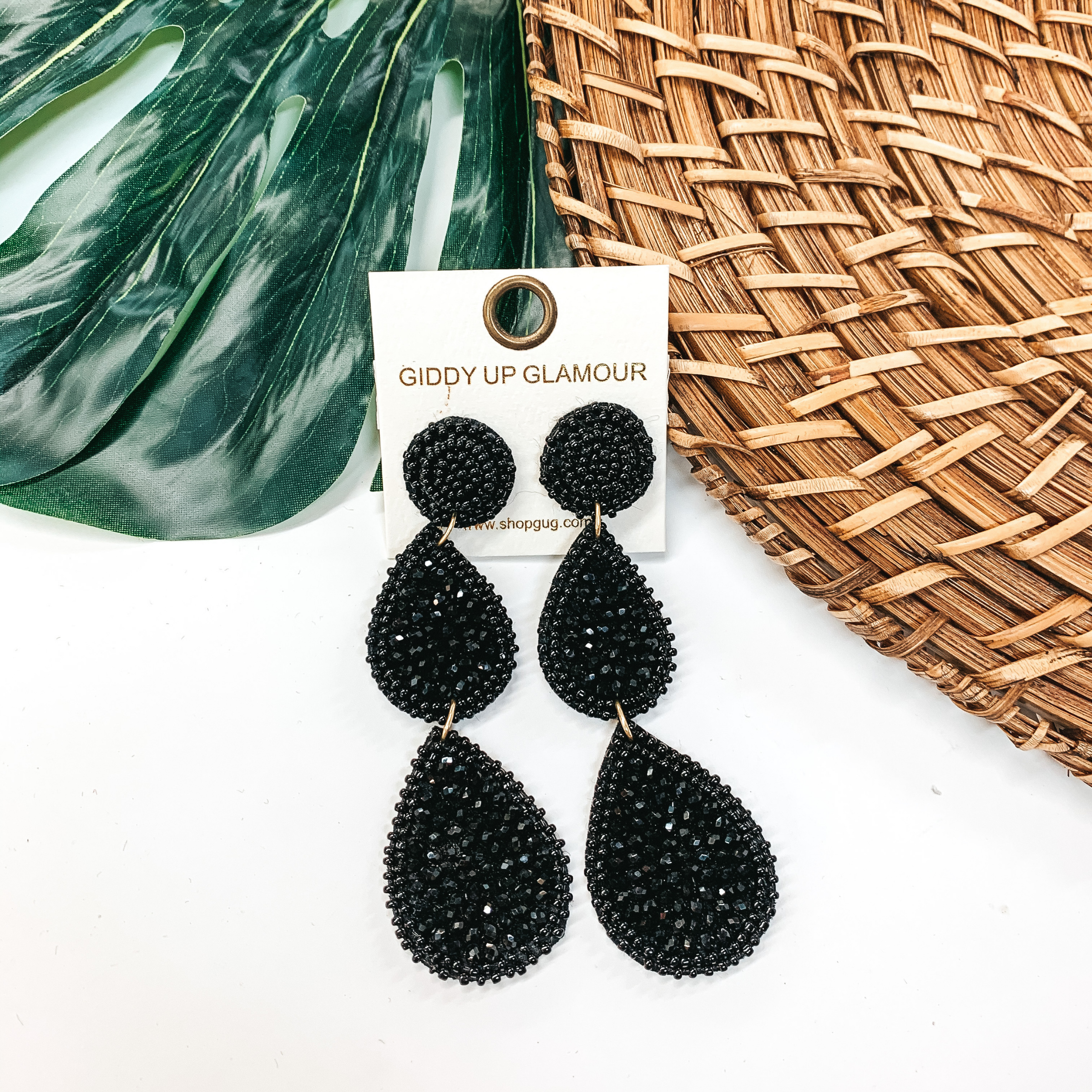 Glass Seed Beaded Drop Earrings in Black - Giddy Up Glamour Boutique