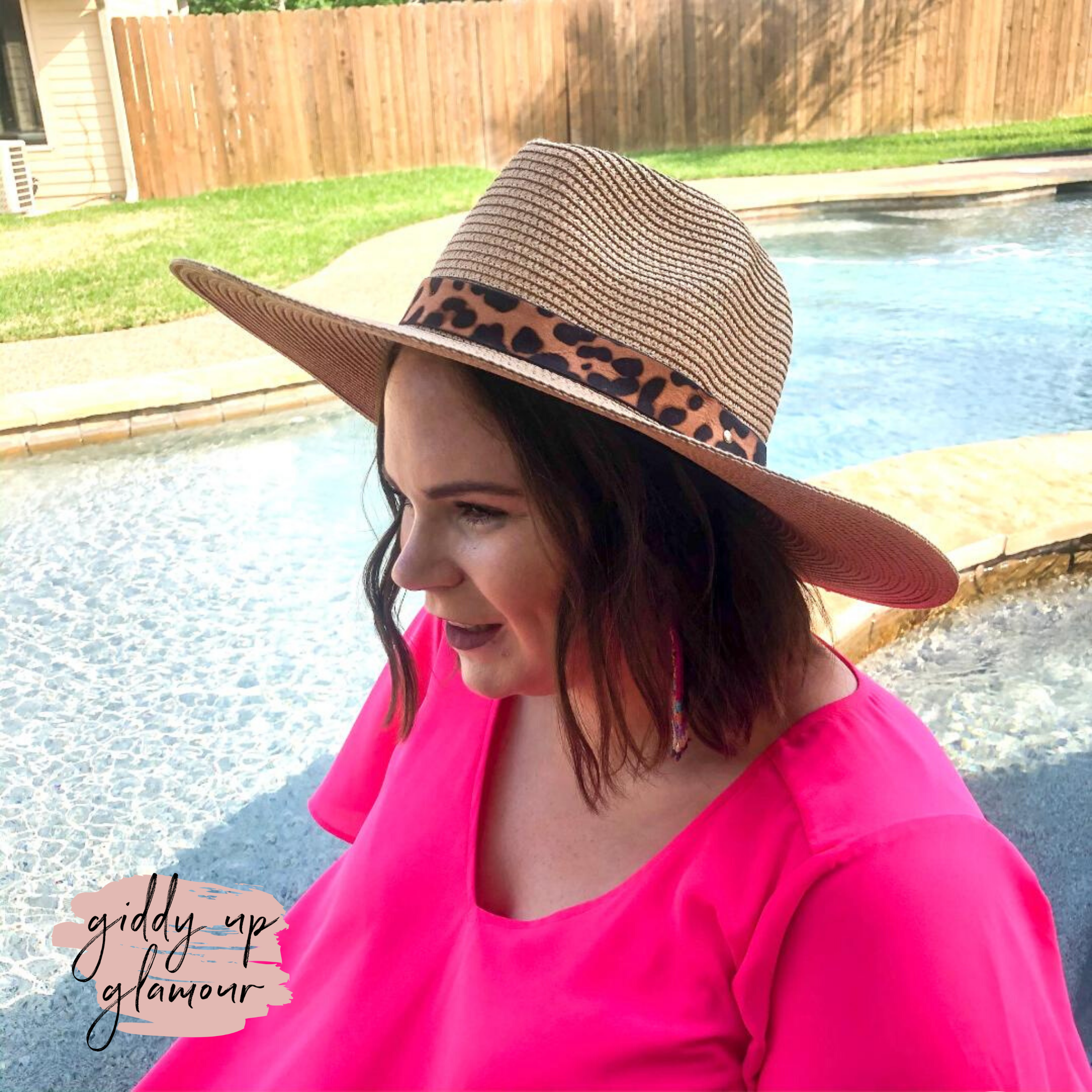 Big Bright Skies Straw Floppy Hat with Leopard Band in Tan - Giddy Up Glamour Boutique