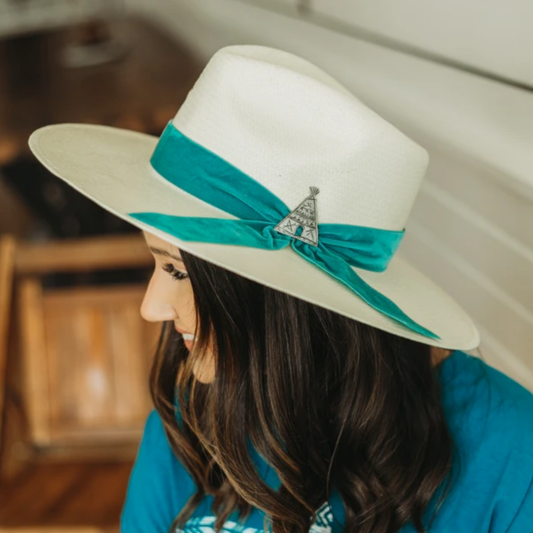 Charlie 1 Horse | Old Apache Straw Hat with Turquoise Blue Velvet Ribbon Band and Barbosa Teepee Concho Pin - Giddy Up Glamour Boutique