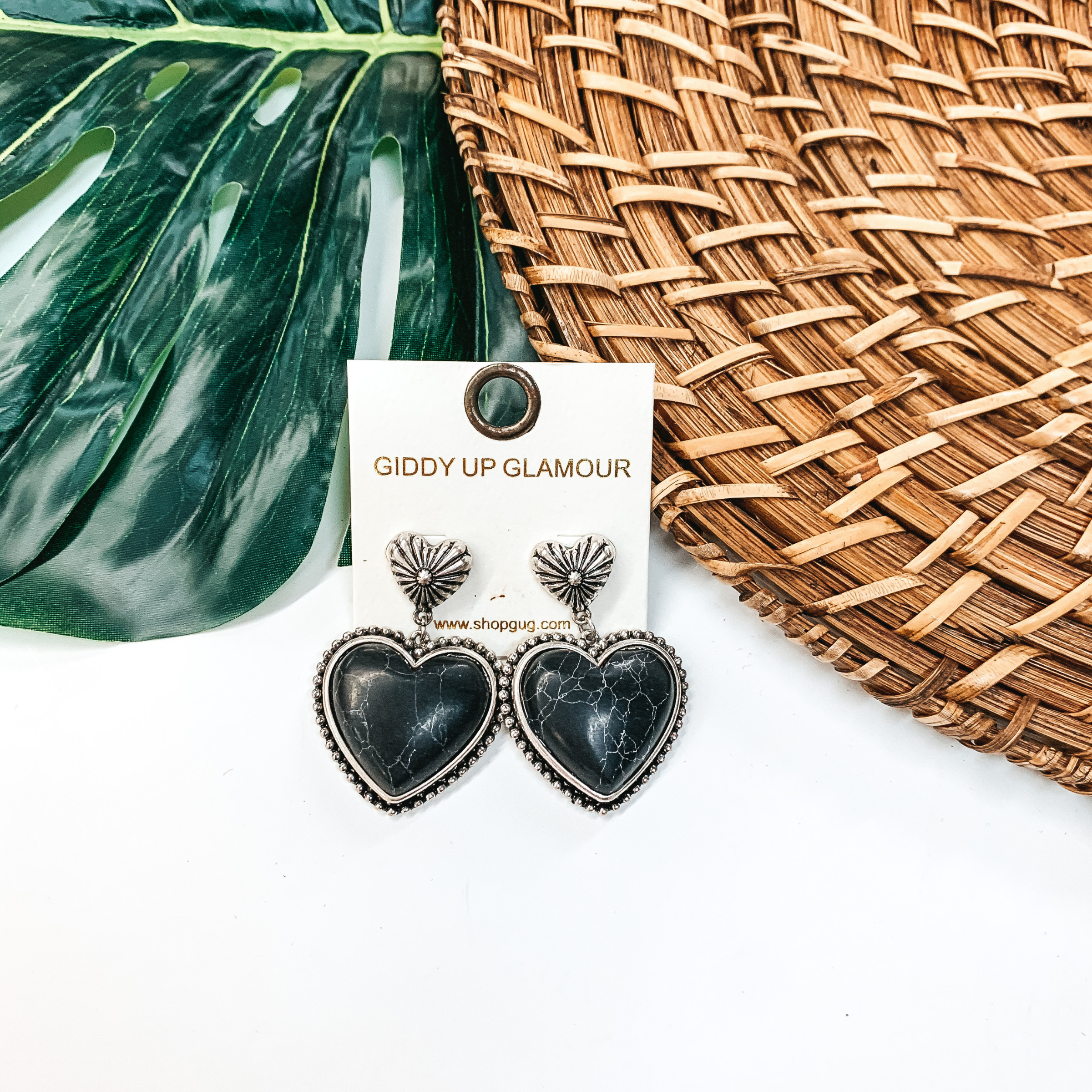 Heart Stone Post Earrings in Black - Giddy Up Glamour Boutique