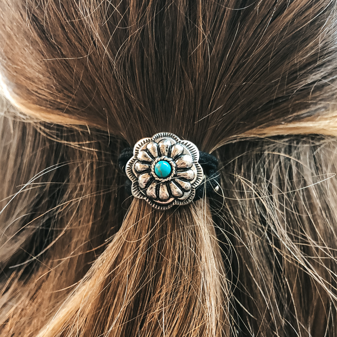 Silver Concho with Turquoise Stone Hair Tie - Giddy Up Glamour Boutique