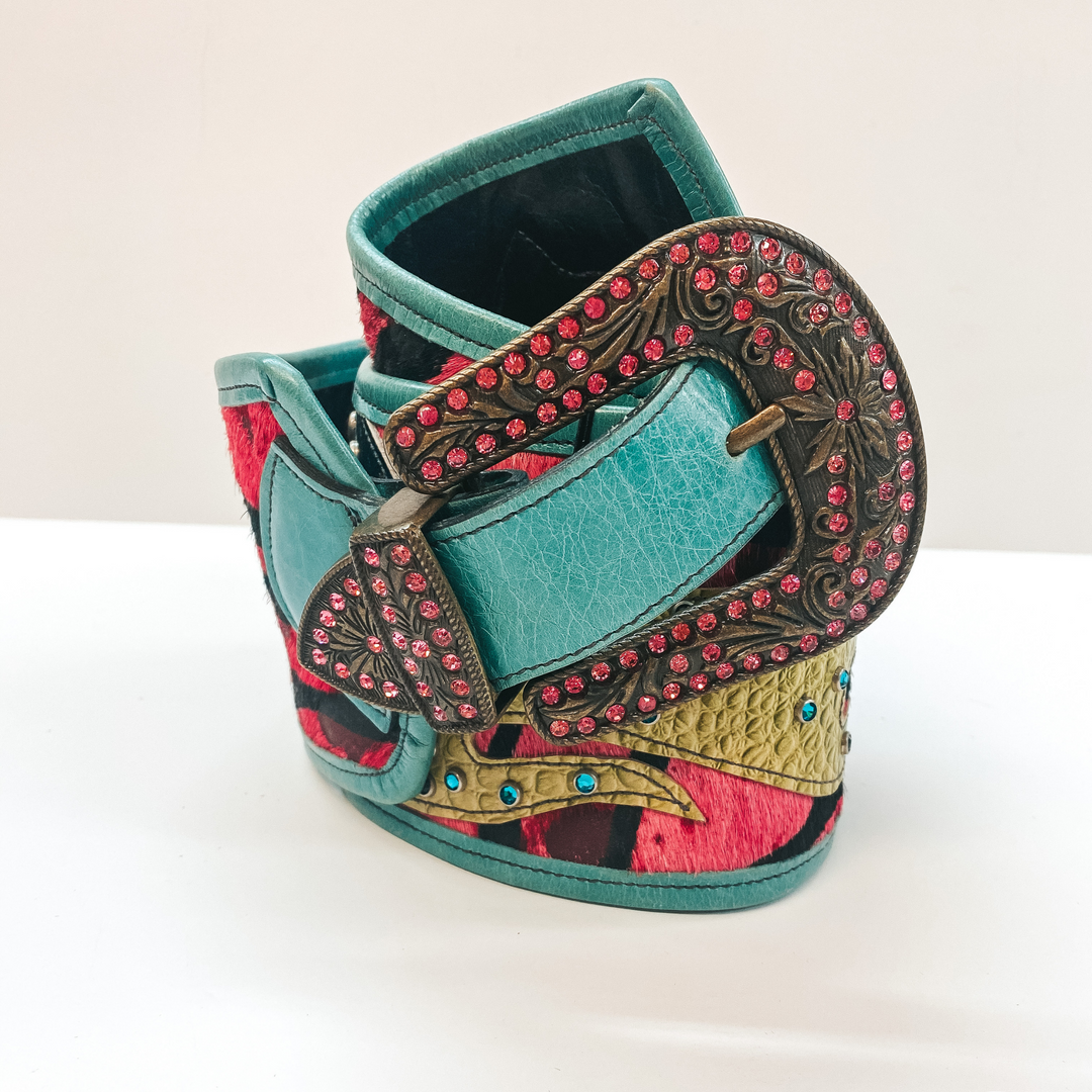 KurtMen Designs | Size Large | Pink Zebra Print Hair on Hide Belt with Leather Sugar Skull and Flames - Giddy Up Glamour Boutique