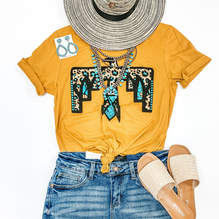 Cherokee Hills Turquoise Leopard Thunderbird Short Sleeve Graphic Tee in Mustard Yellow - Giddy Up Glamour Boutique