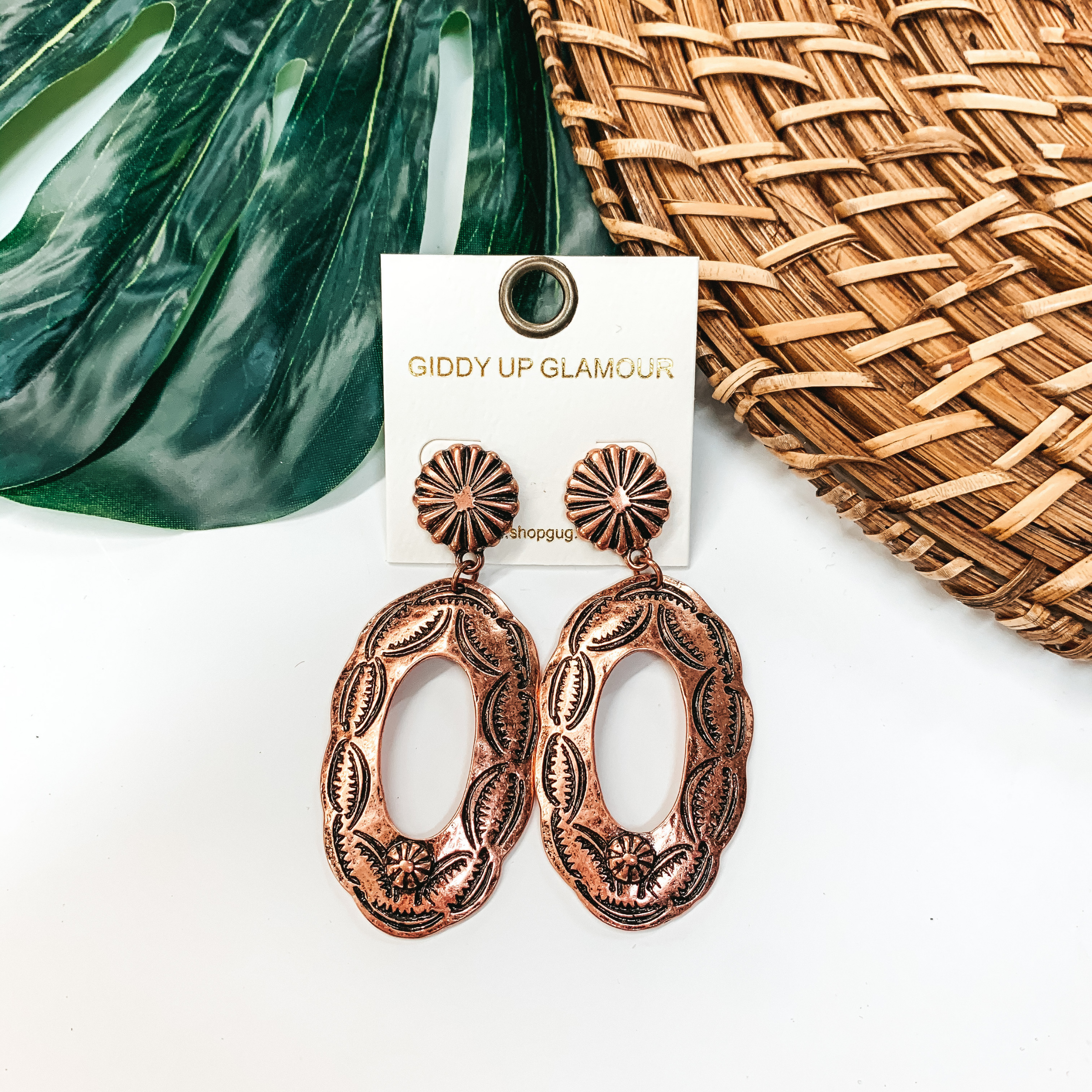 Oval Cutout Concho Post Earrings in Copper Tone - Giddy Up Glamour Boutique