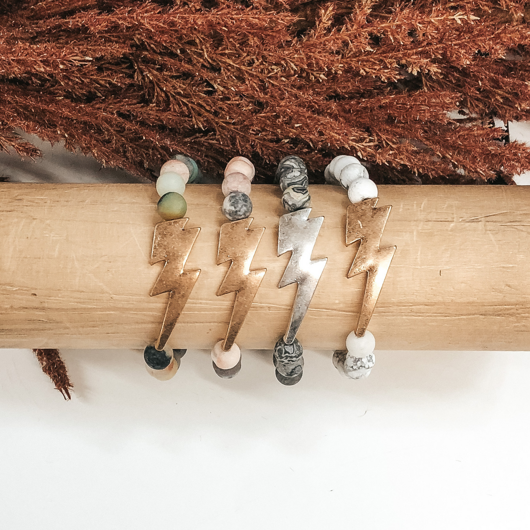 Multicolored Marble Beaded Bracelet with Gold Lightning Bolt Pendant - Giddy Up Glamour Boutique