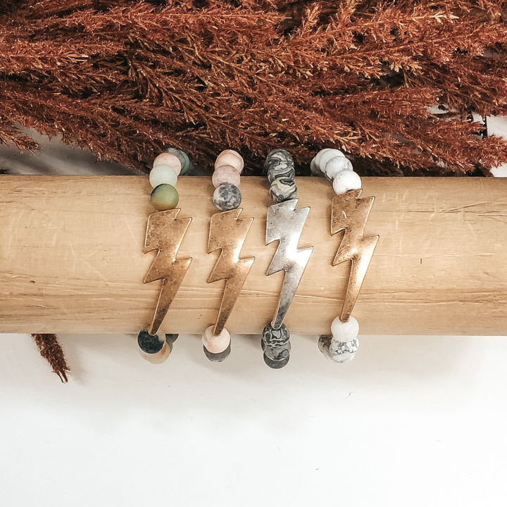 Multicolored Marble Beaded Bracelet with Gold Lightning Bolt Pendant - Giddy Up Glamour Boutique