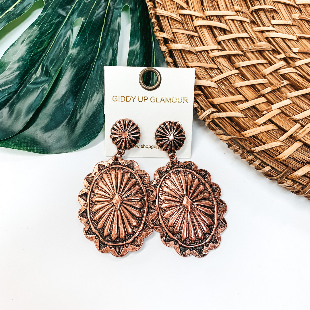 Oval Concho Post Earrings in Copper Tone - Giddy Up Glamour Boutique