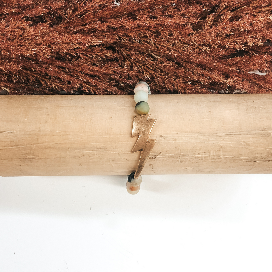 Multicolored Marble Beaded Bracelet with Gold Lightning Bolt Pendant - Giddy Up Glamour Boutique