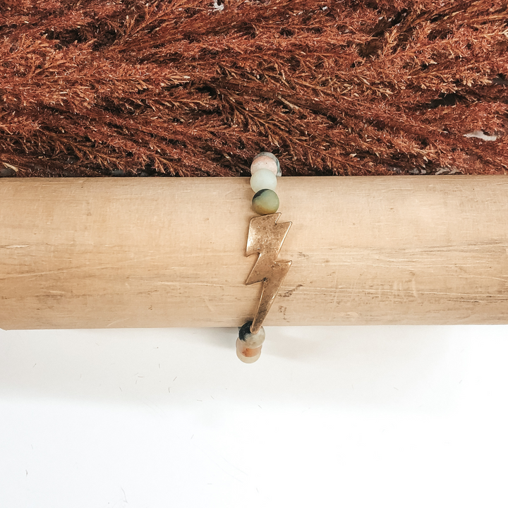 Multicolored Marble Beaded Bracelet with Gold Lightning Bolt Pendant - Giddy Up Glamour Boutique