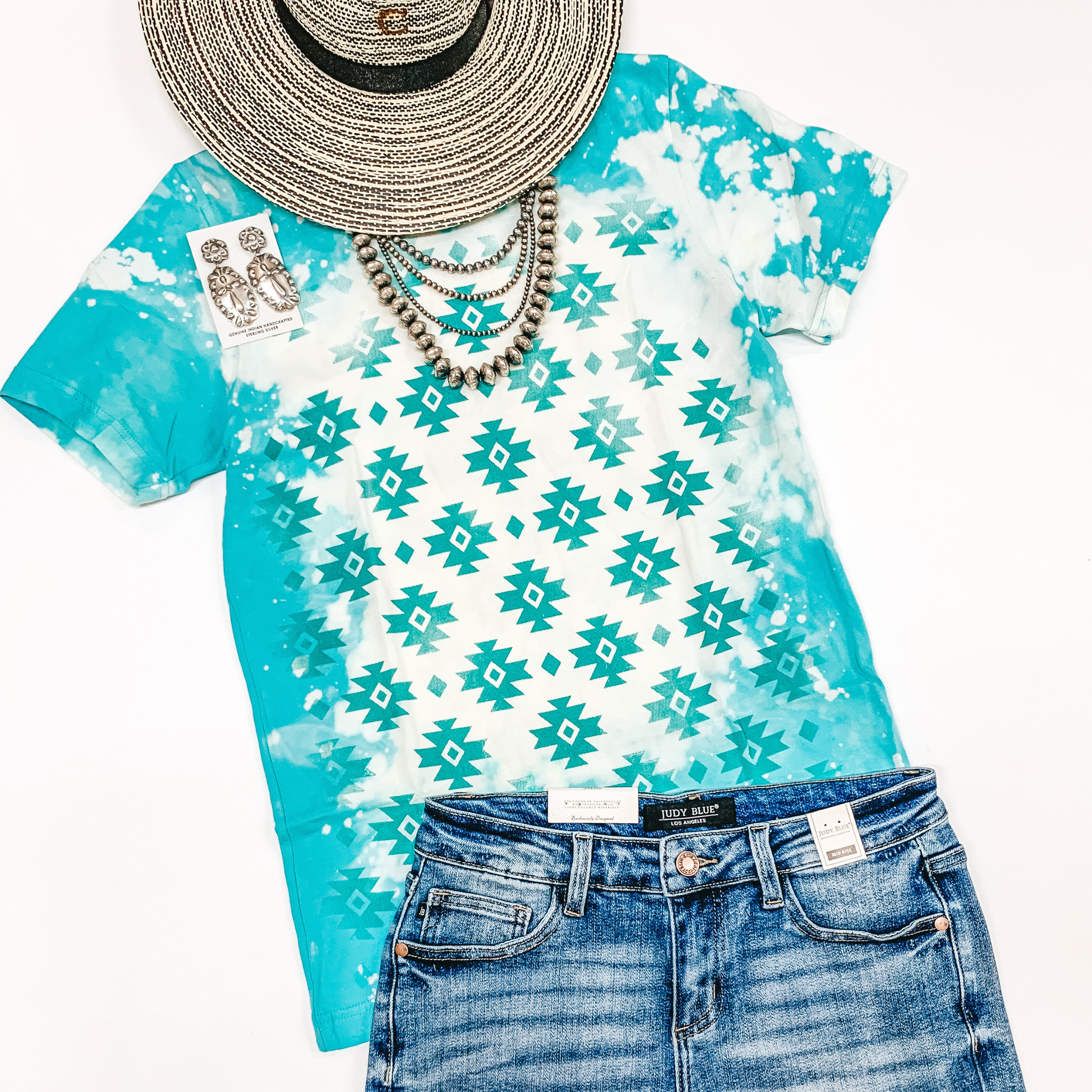 Vintage Aztec Short Sleeve Graphic Tee with Bleach Distressing in Turquoise - Giddy Up Glamour Boutique