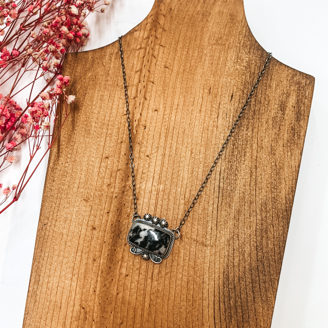 Greg Perry | Navajo Handmade Sterling Silver Detailed Necklace with Zebra Jasper Bar Pendant - Giddy Up Glamour Boutique