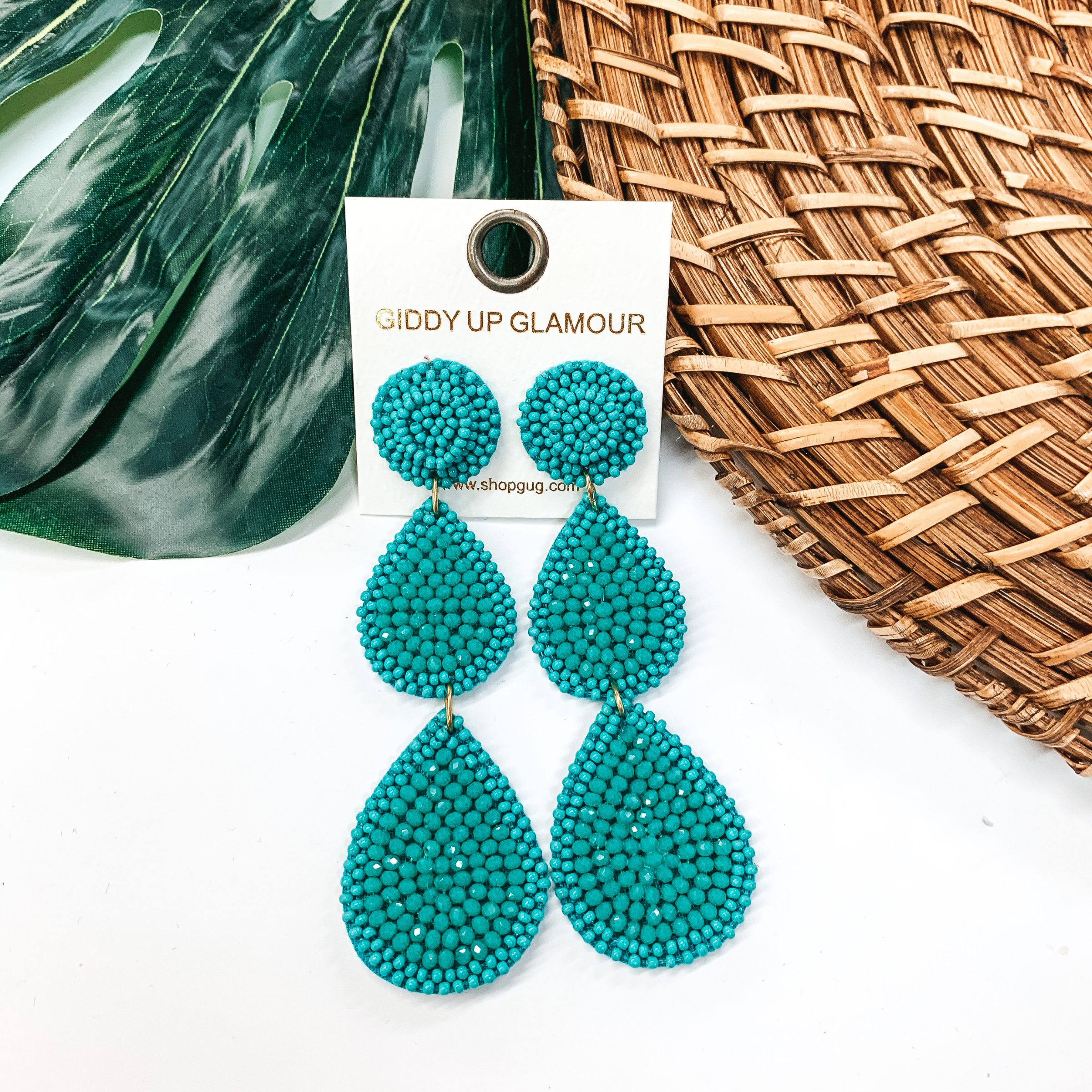 Glass Seed Beaded Drop Earrings in Turquoise