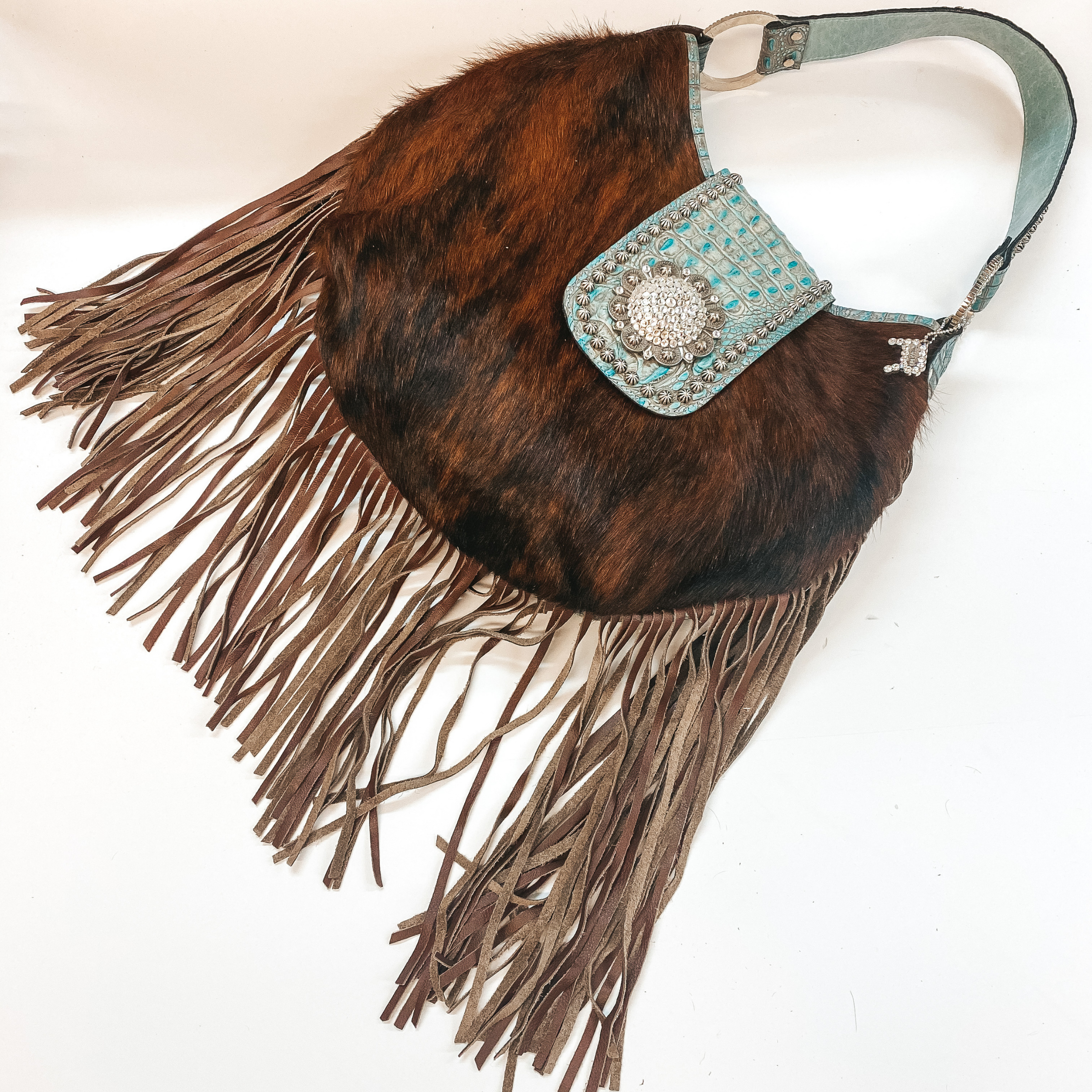 Raviani | Cowhide and Turquoise Crocodile Round Purse with Fringe and Crystal Concho - Giddy Up Glamour Boutique