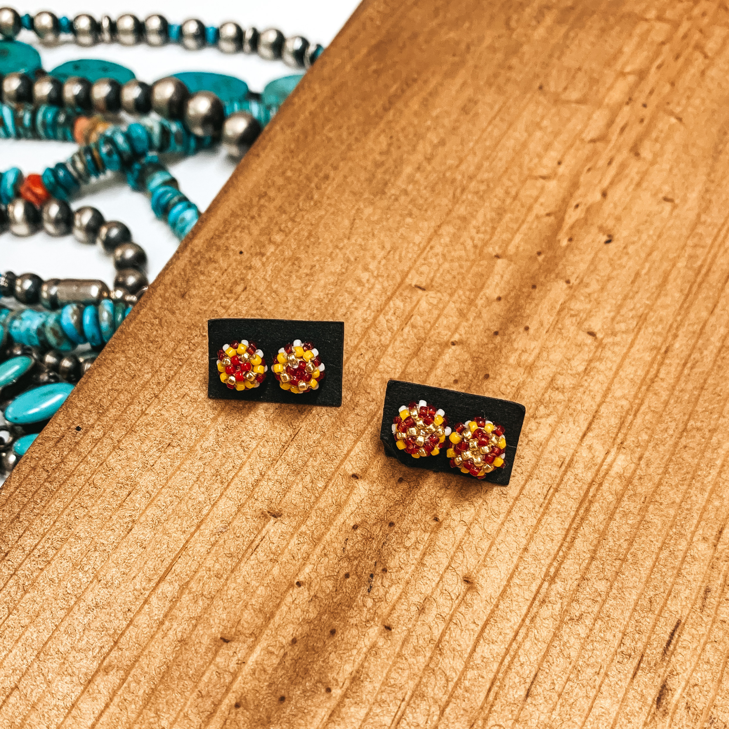 Navajo | Navajo Handmade Beaded Stud Earrings in Red, Yellow, and White - Giddy Up Glamour Boutique
