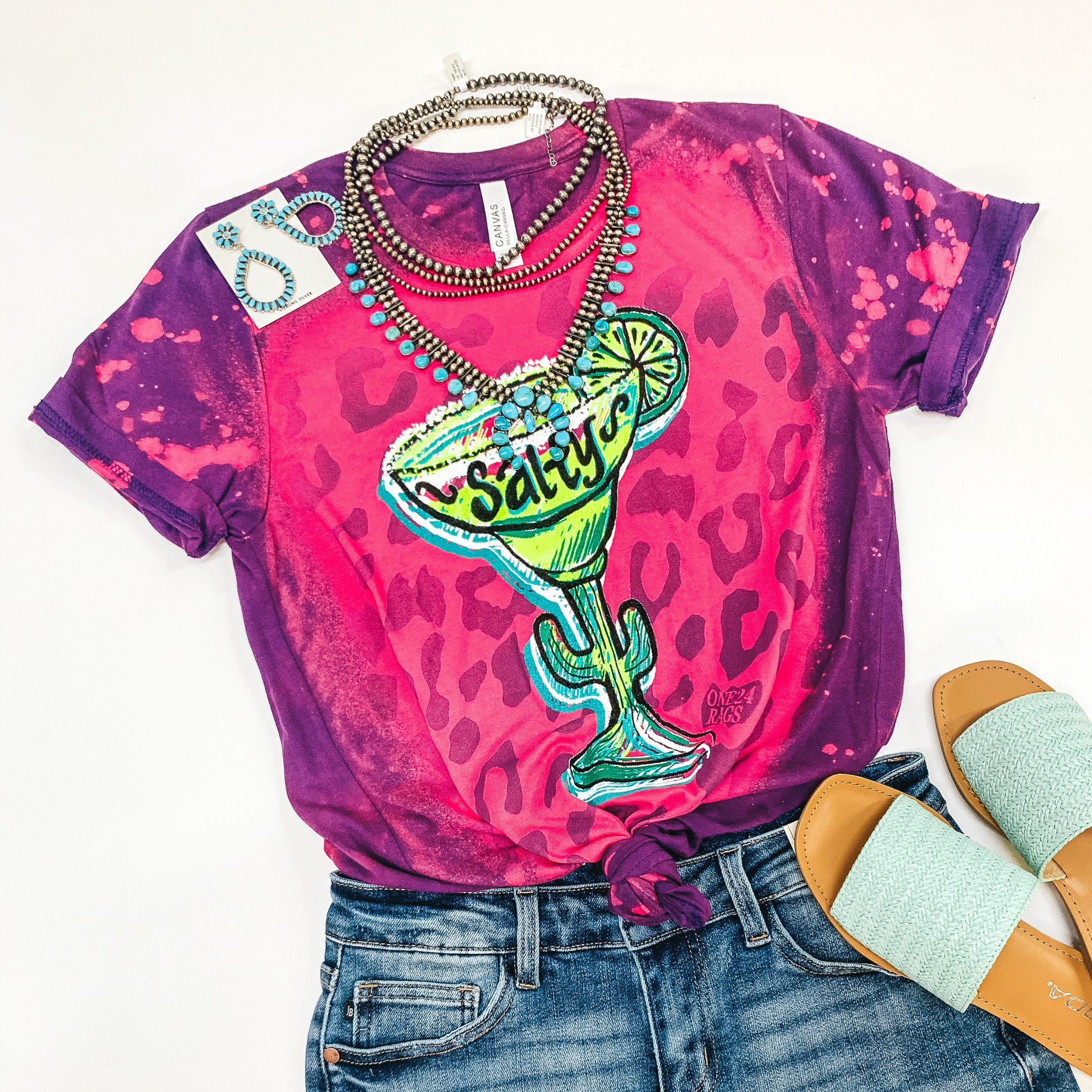 Salty Vintage Leopard Margarita Short Sleeve Graphic Tee with Bleach Distressing in Magenta - Giddy Up Glamour Boutique
