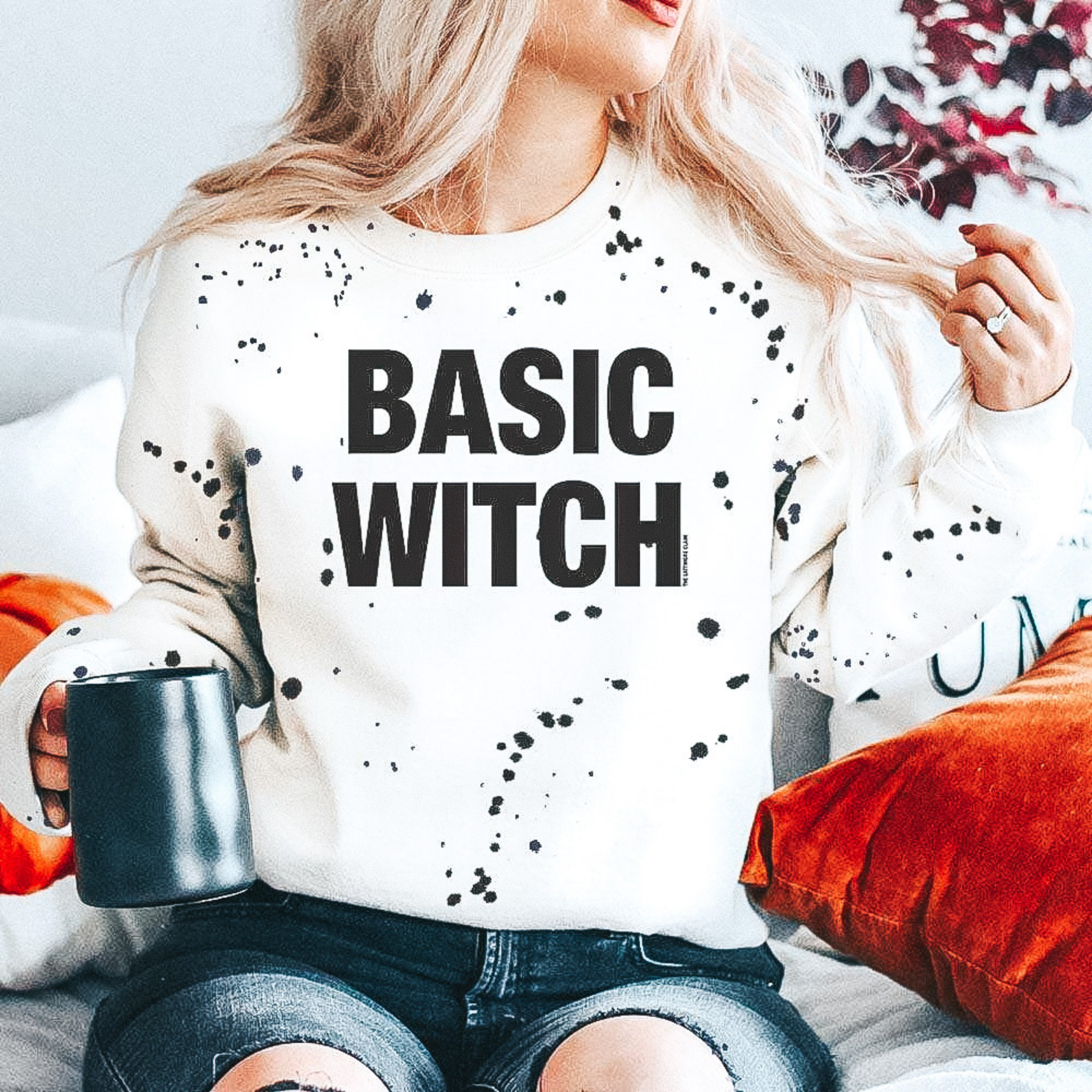 Online Exclusive | Basic Witch Long Sleeve Paint Splatter Halloween Graphic Sweatshirt in White - Giddy Up Glamour Boutique