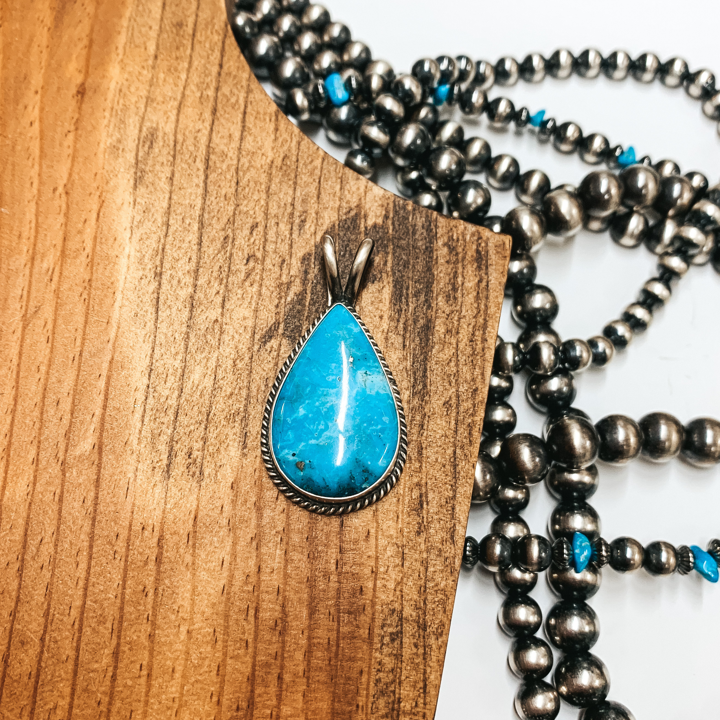 Dave Skeets | Navajo Handmade Sterling Silver and Kingman Turquoise Teardrop Pendant - Giddy Up Glamour Boutique